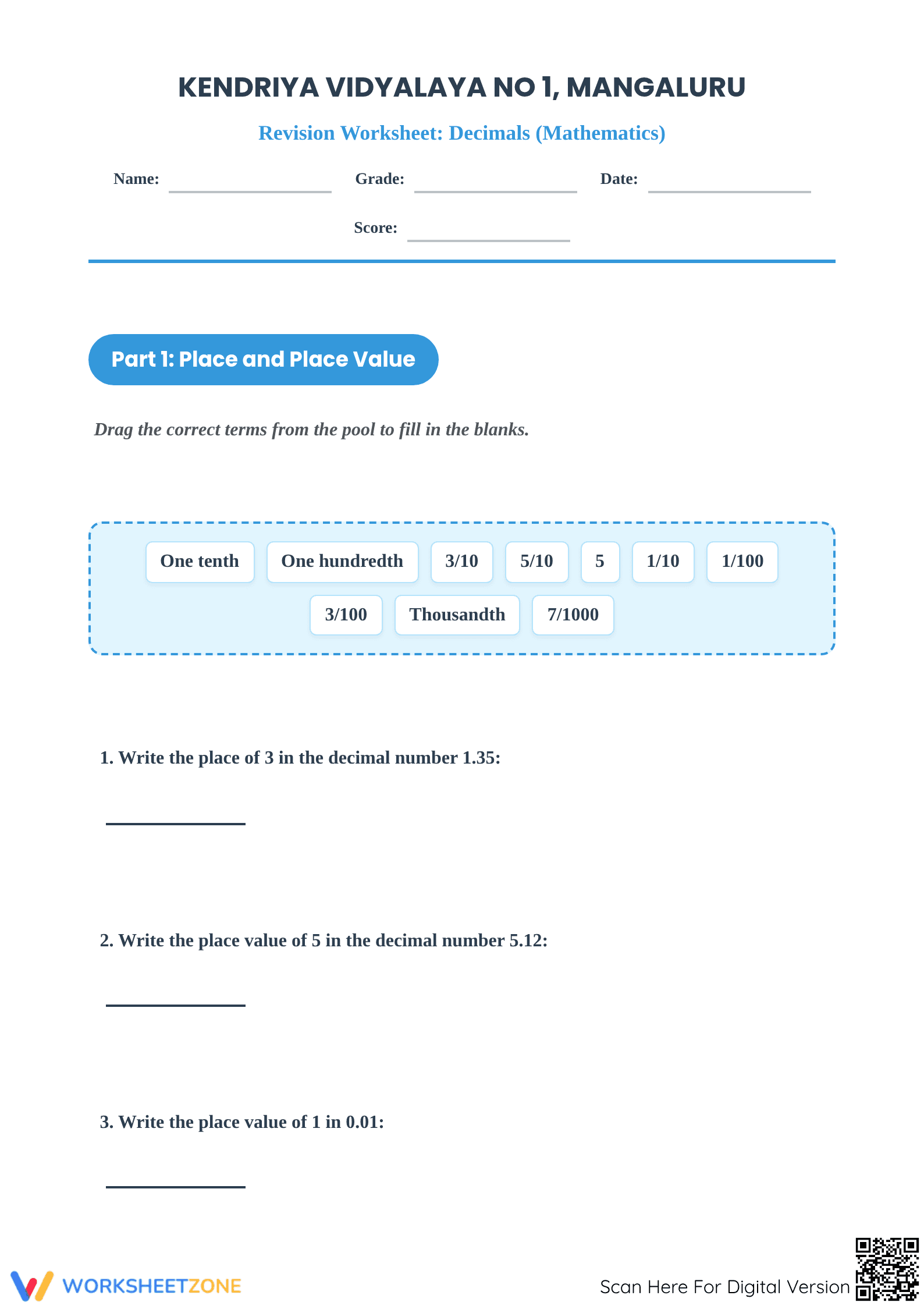 Grade 5 Decimals Revision Worksheet | Essential Printable - Page 1