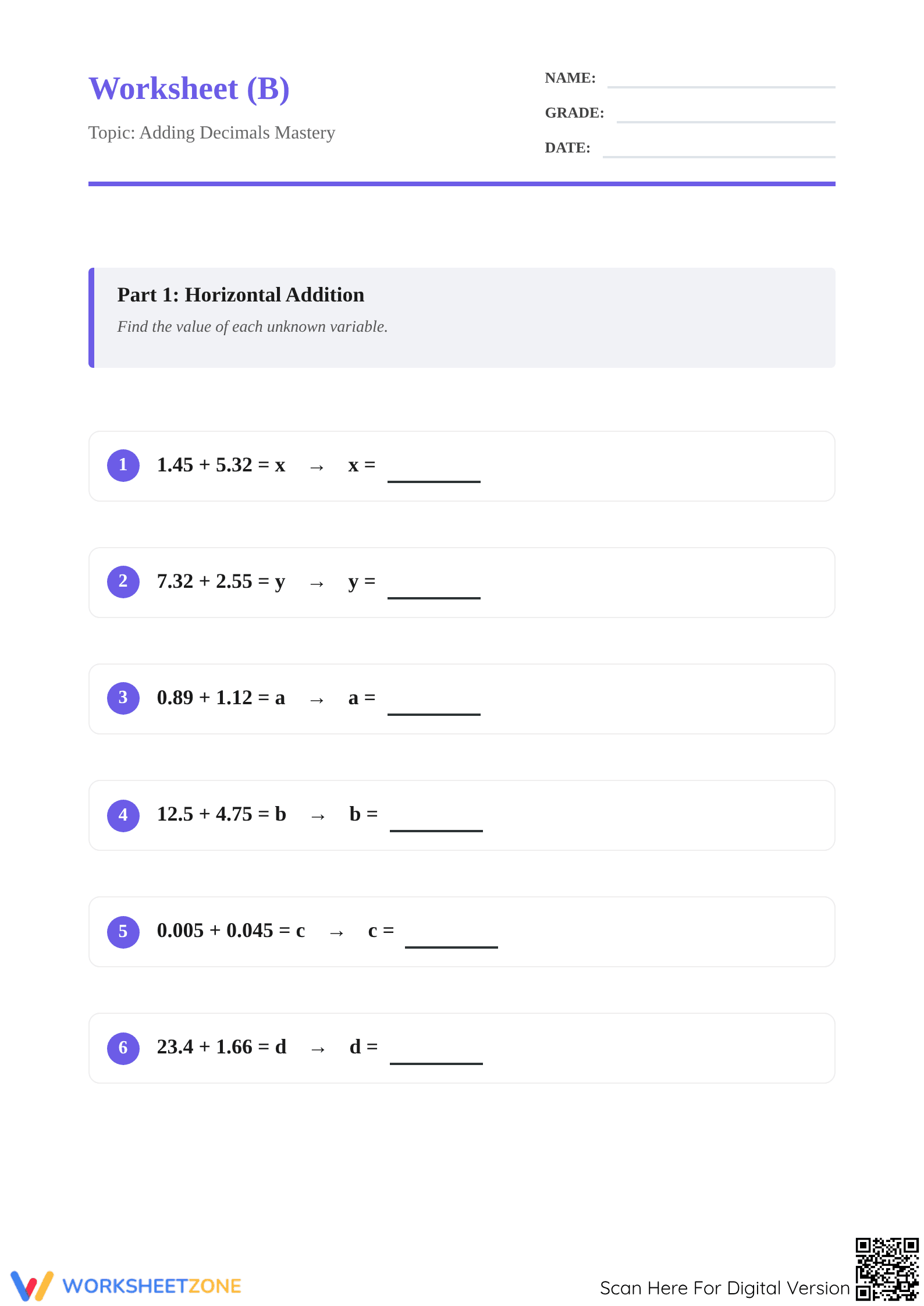 Printable Add Decimals Worksheet | Grade 5 Math Essential - Page 1