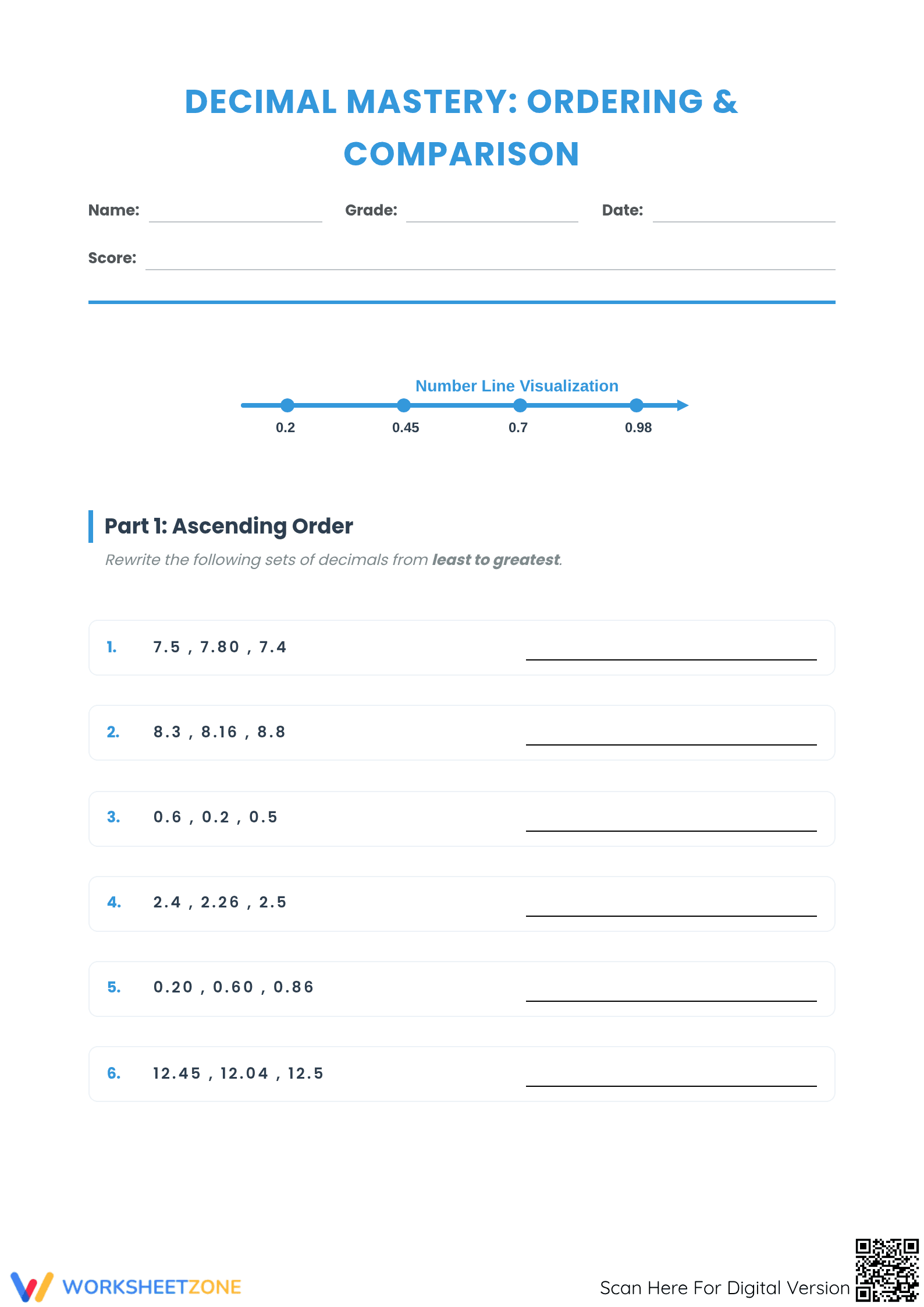 Essential Grade 6 Ordering Decimals Printable Worksheet - Page 1