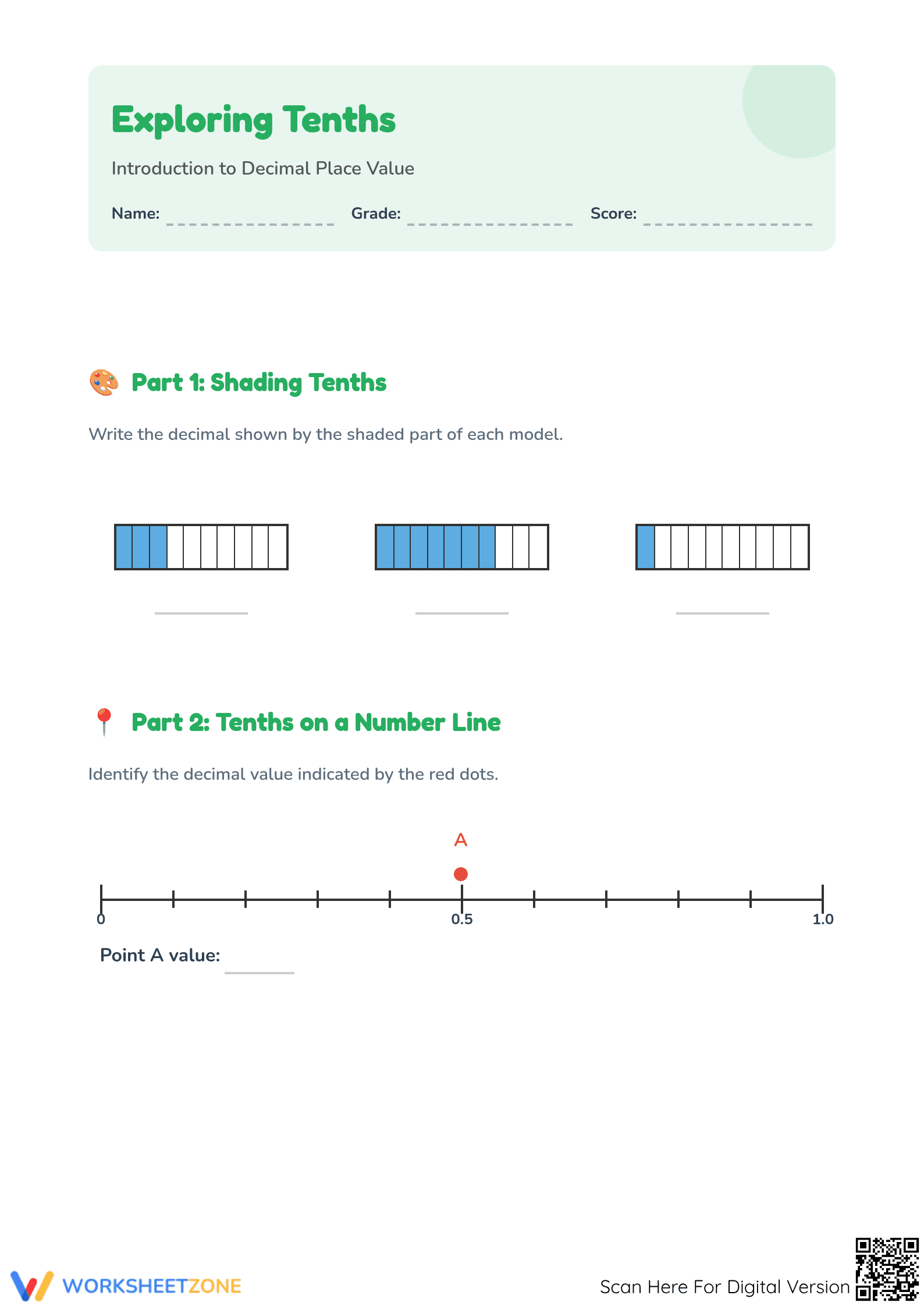 Exploring Tenths Worksheet | Printable Grade 4 Math - Page 1