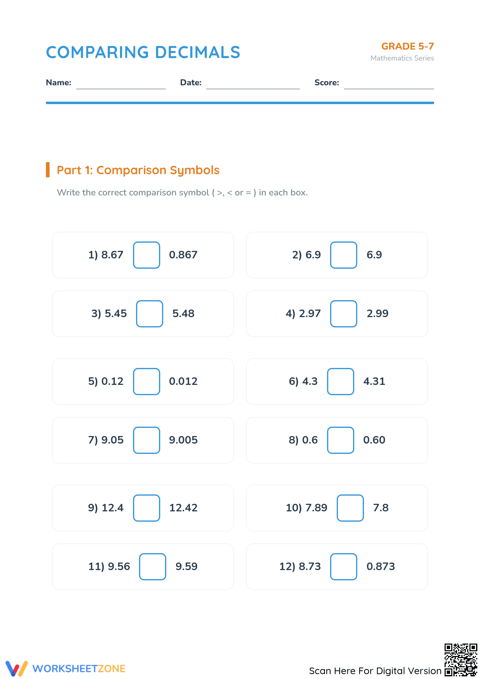 Printable Comparing and Ordering Decimals Worksheet, Grade 5 - Page 1
