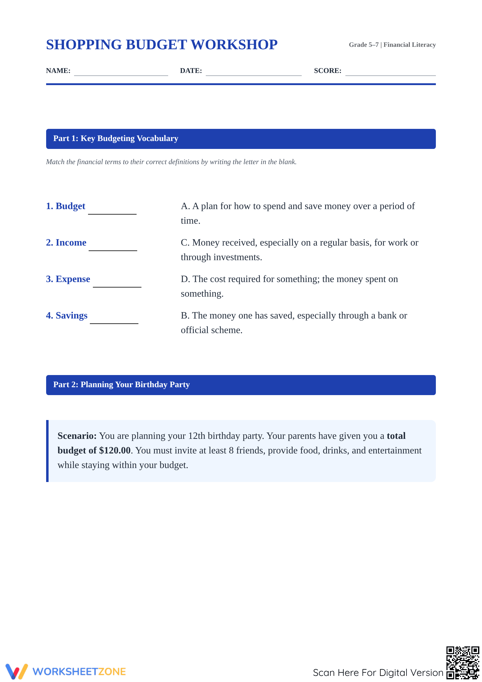 Grade 5-7 Shopping Budget: Essential No-Prep Workshop - Page 1
