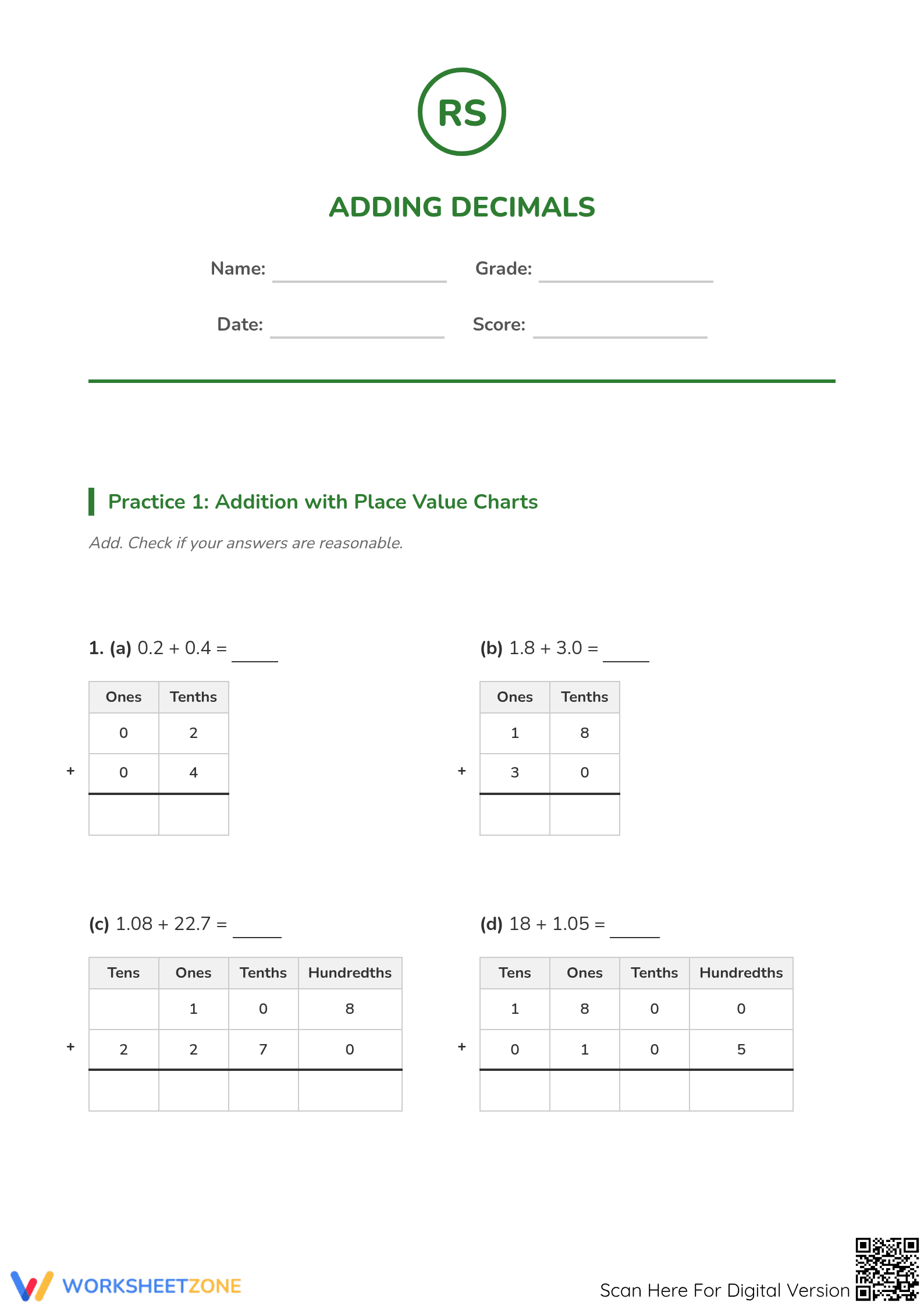 Essential Adding Decimals Worksheet | Grade 5 Math - Page 1