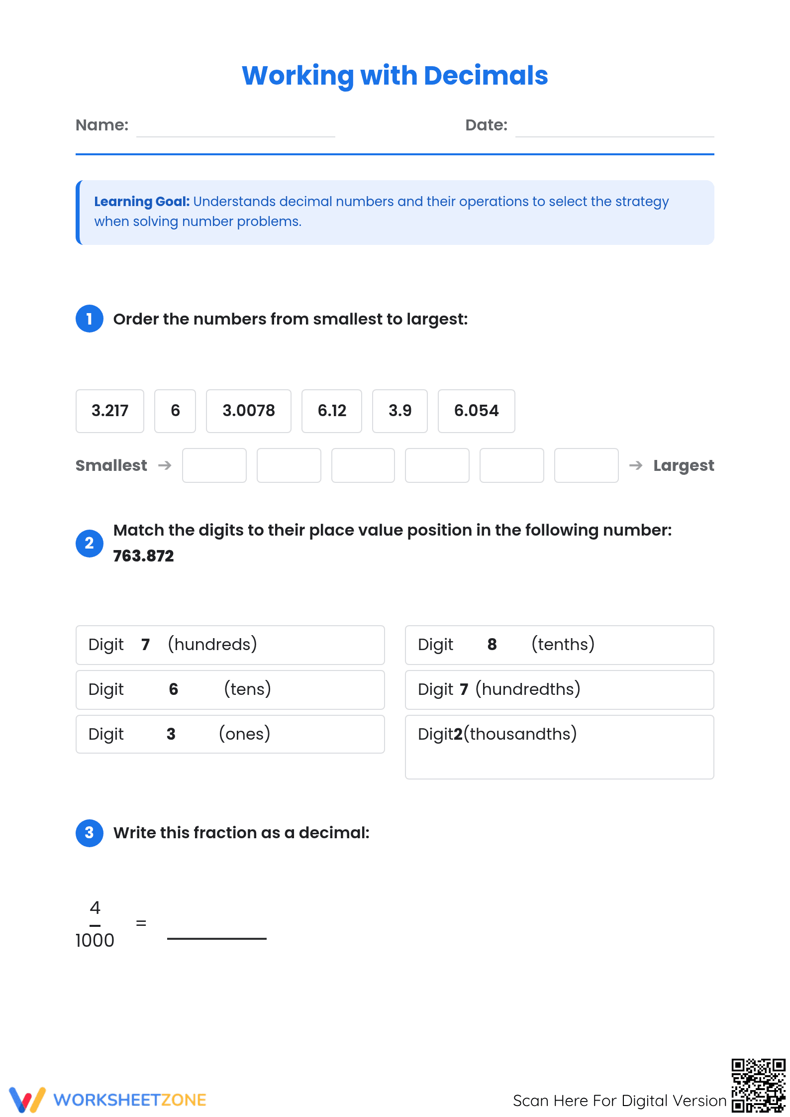 Printable CCSS.MATH.CONTENT.5.NBT.A.3 Decimal Evaluation - Page 1