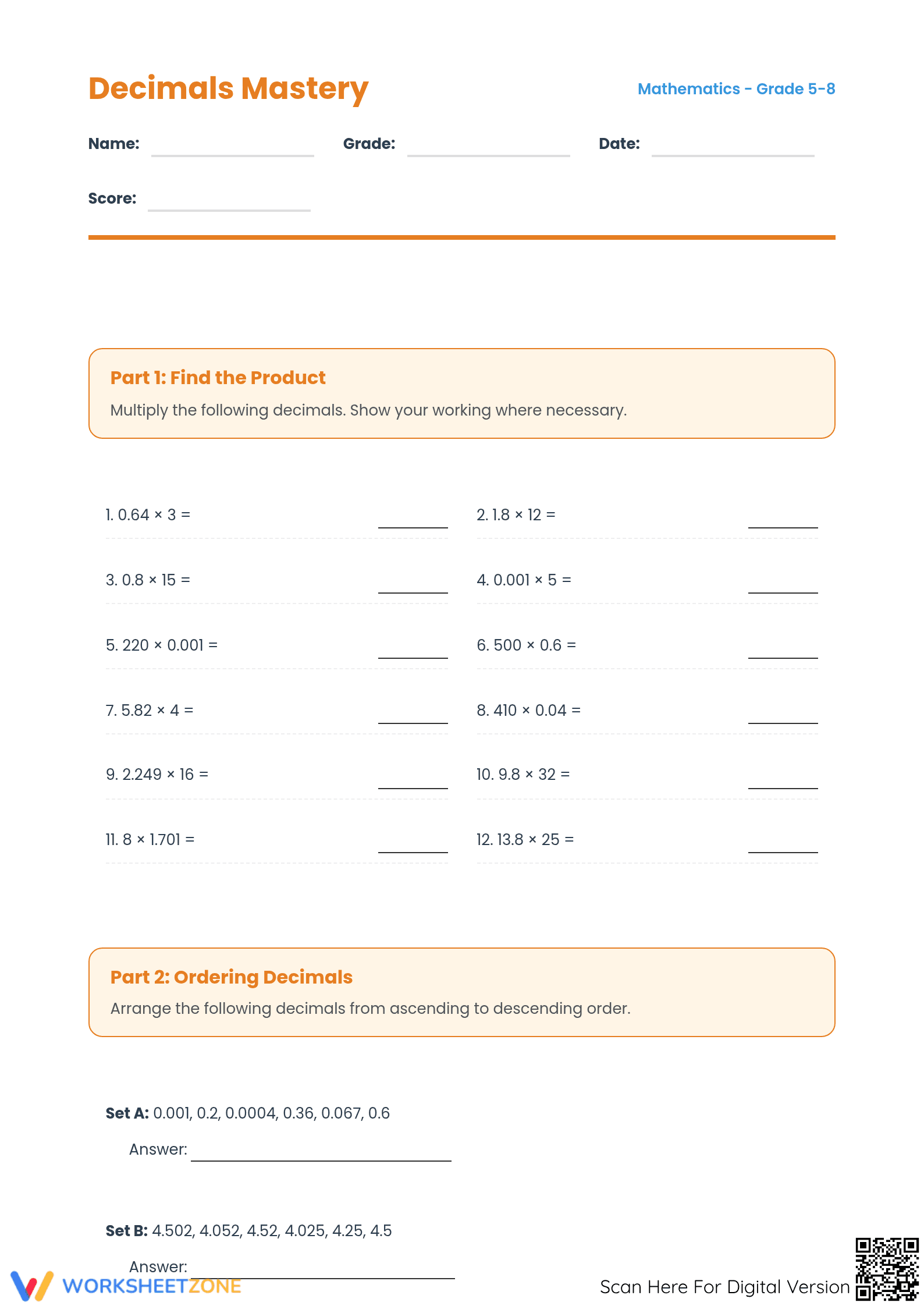 Essential Decimals Operations Worksheet | Grade 6 Aligned - Page 1