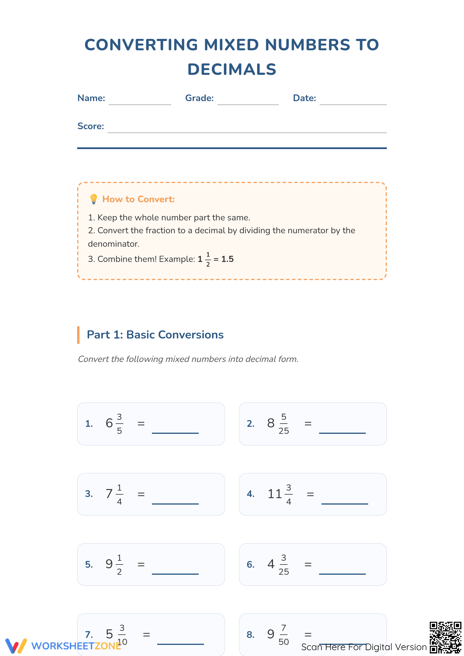 Mixed Number to Decimal Worksheet | Grade 4 Aligned - Page 1