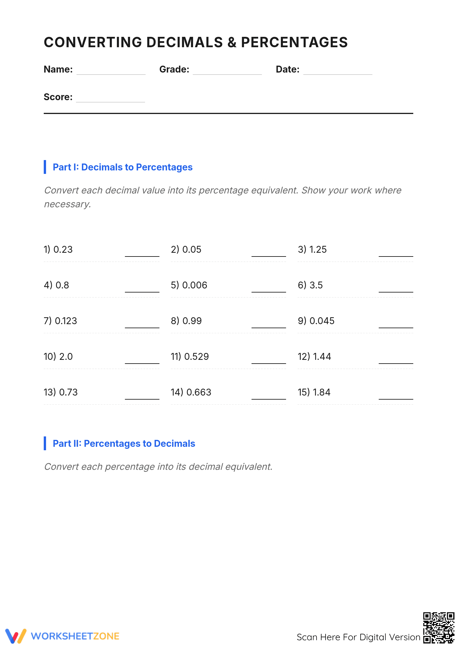 Decimal and Percents Practice | Grade 10 Essential Worksheet - Page 1