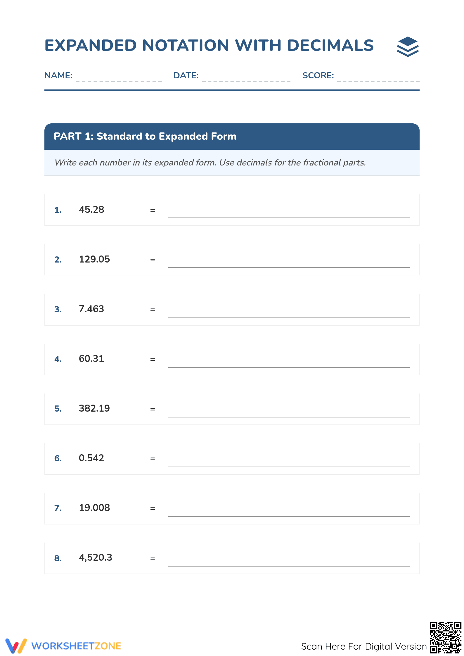 Essential Grade 5 Expanded Notation with Decimals Worksheet - Page 1