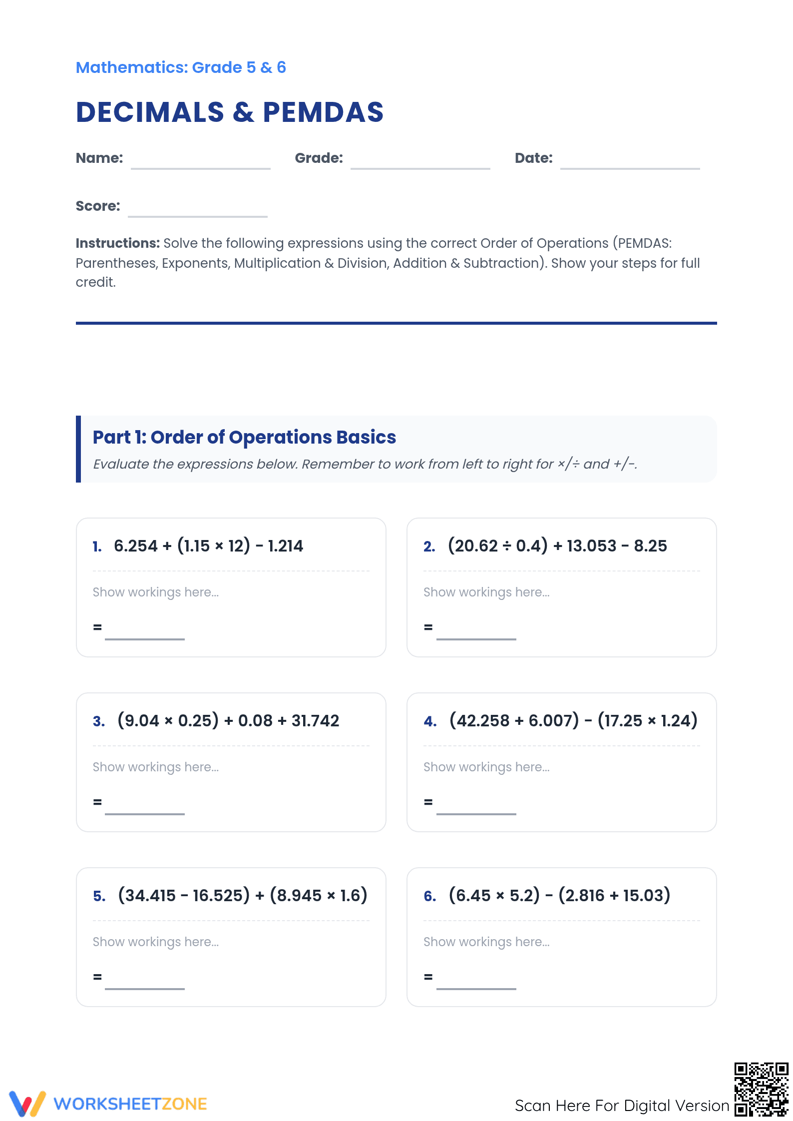 Essential Decimal Order of Operations (PEMDAS) Math Worksheets - Page 1