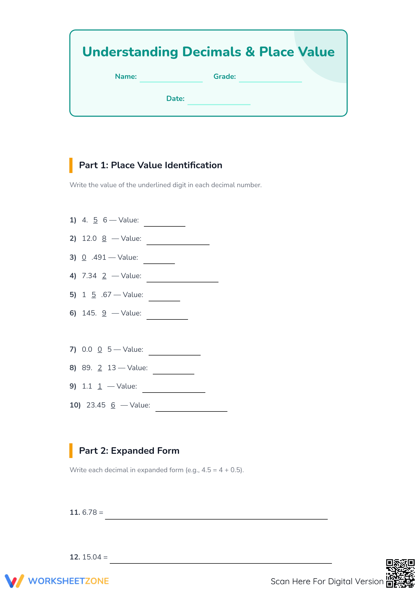 Grade 5 Decimals — Printable No-Prep Worksheet - Page 1