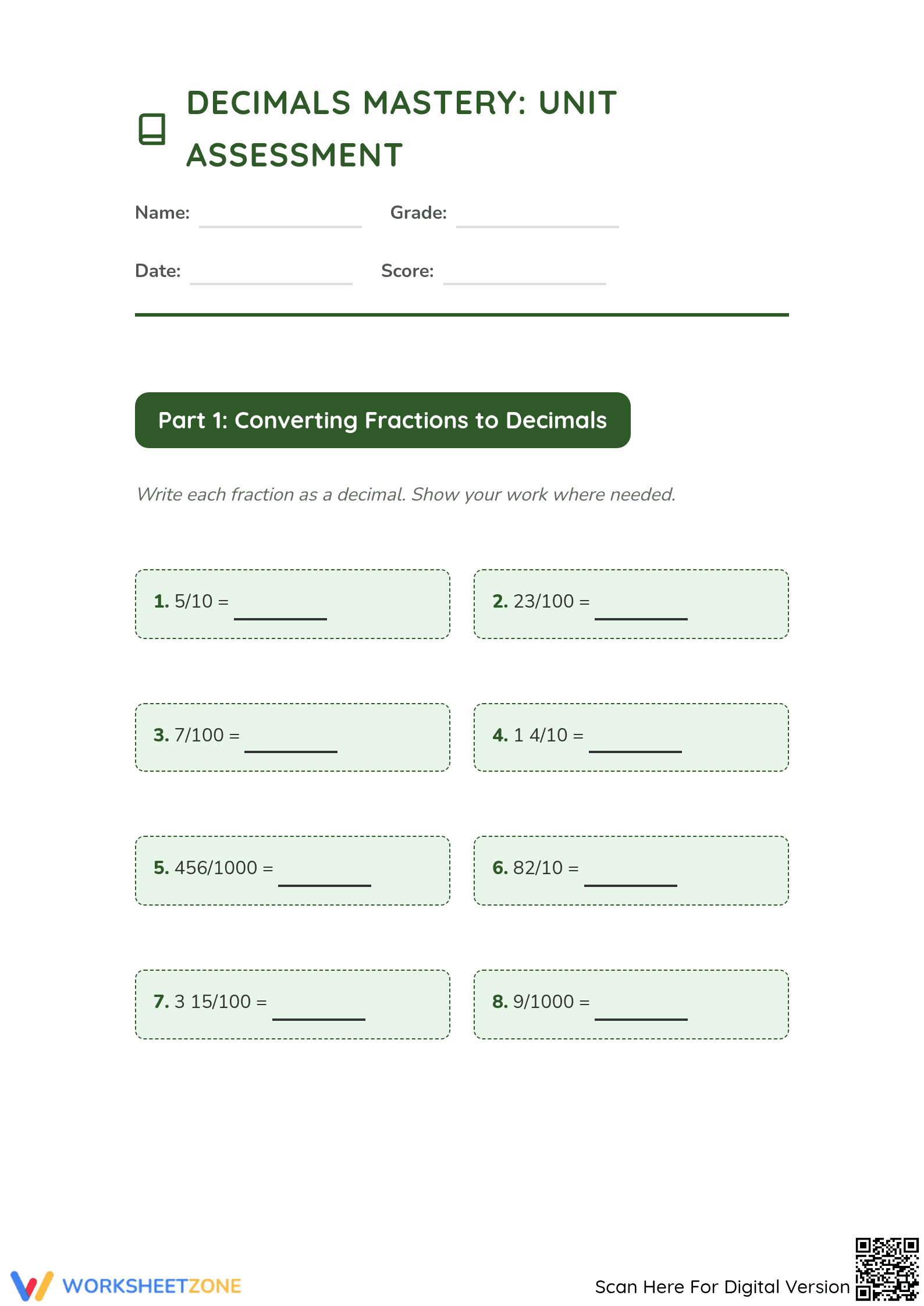 Printable Grade 4 Decimals Chapter 7 Mastery Worksheet - Page 1