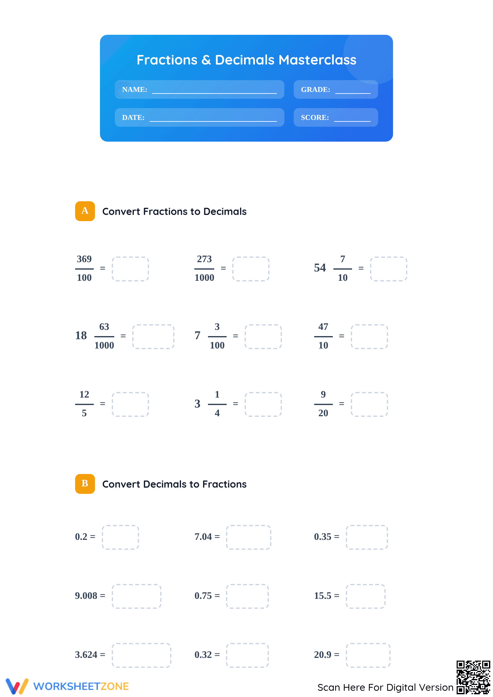 Essential Decimals to Fractions Worksheet | Grade 4-5 Math - Page 1