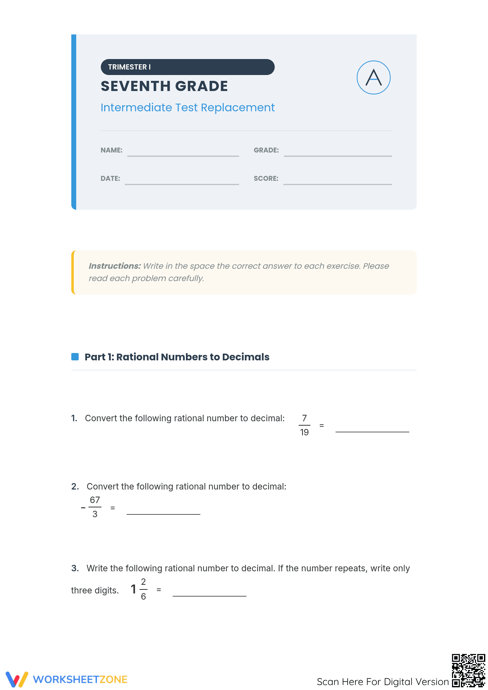 Aligned Grade 7 Decimals Operations Worksheet - Page 1