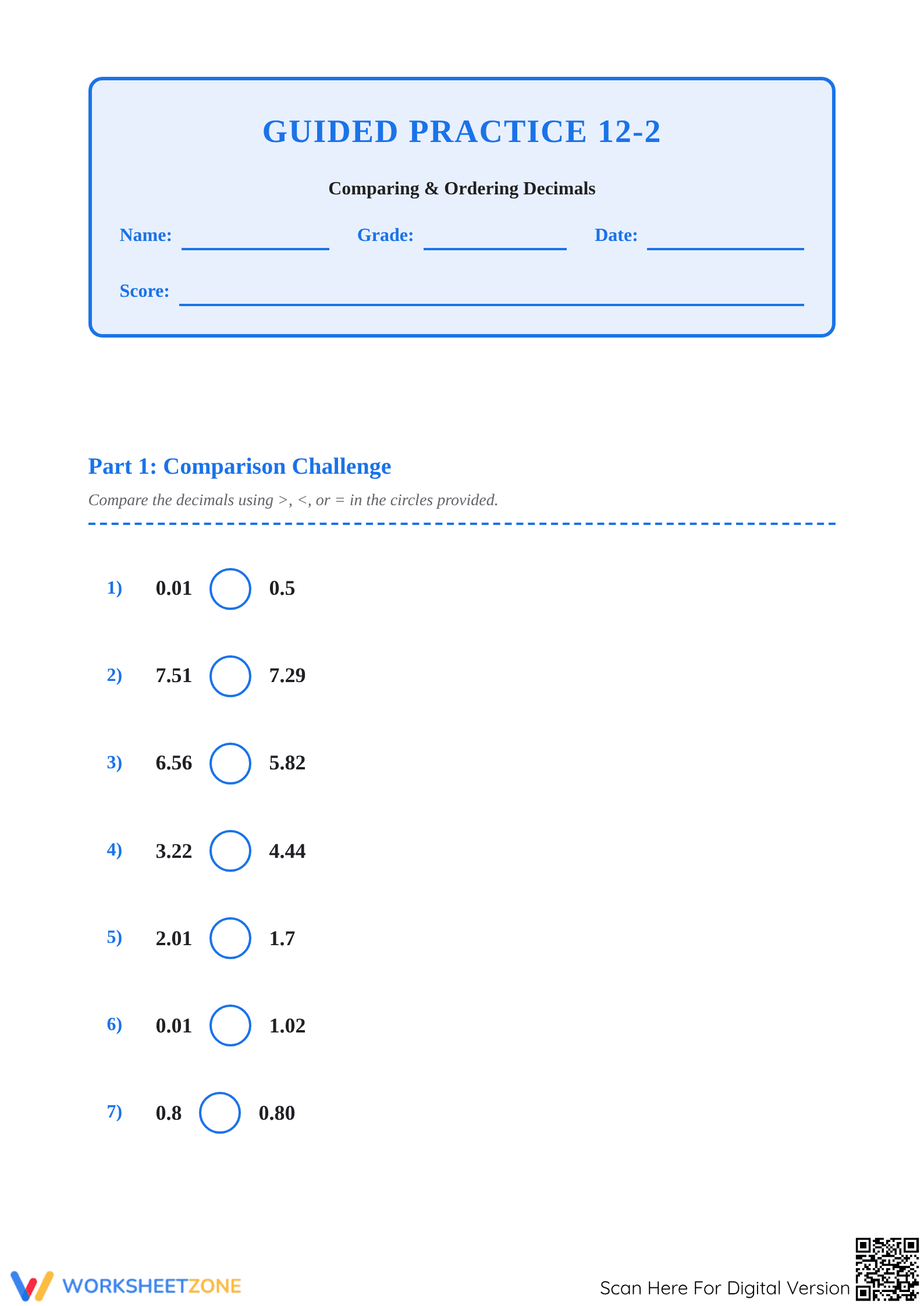 Essential Comparing & Ordering Decimals Worksheet | Grade 5 - Page 1