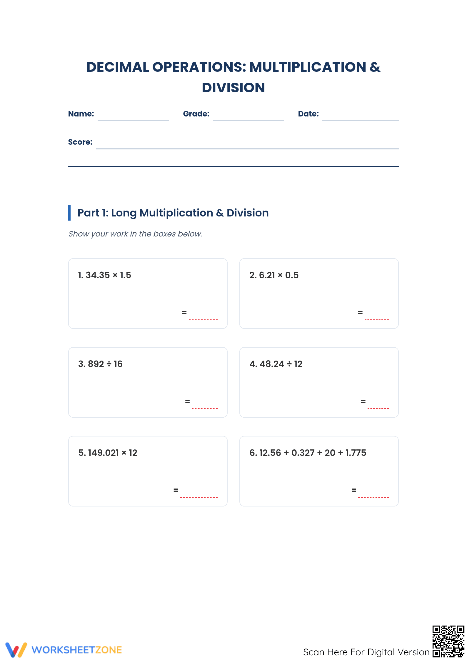 Grade 7 Decimals — Printable No-Prep Worksheet - Page 1