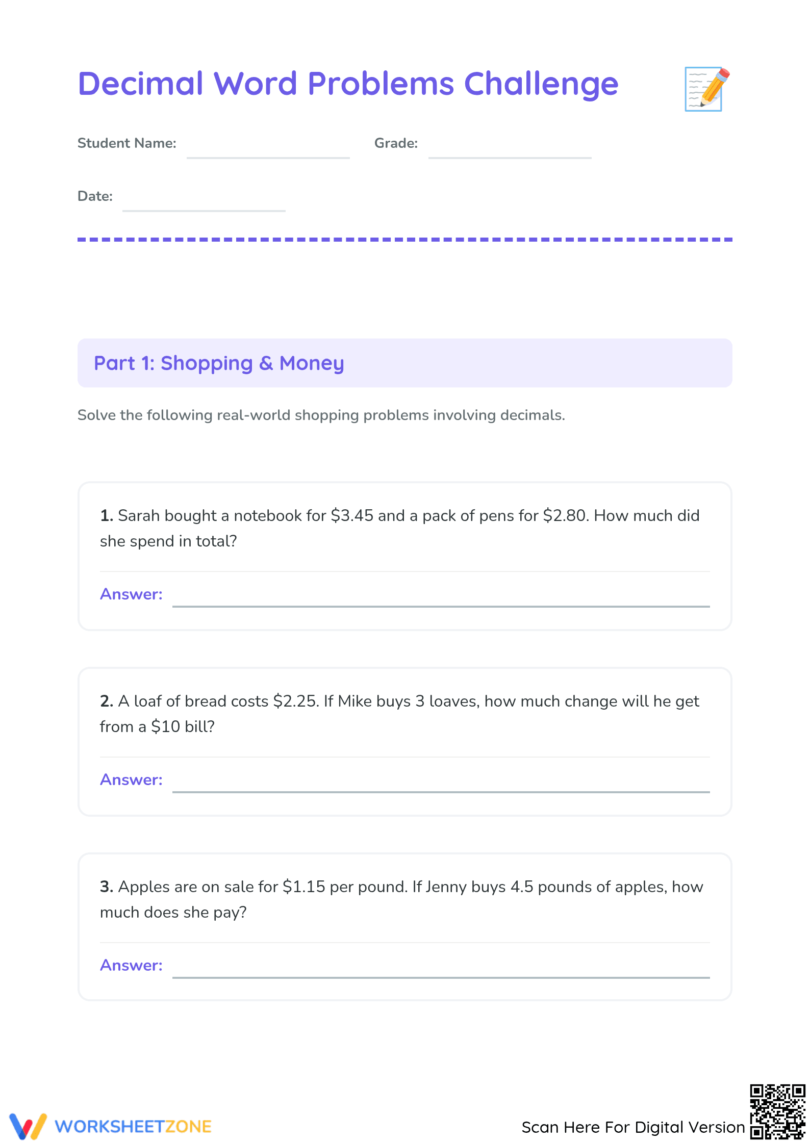 Decimal Word Problems & PEMDAS | Grade 5 Math Printable - Page 1