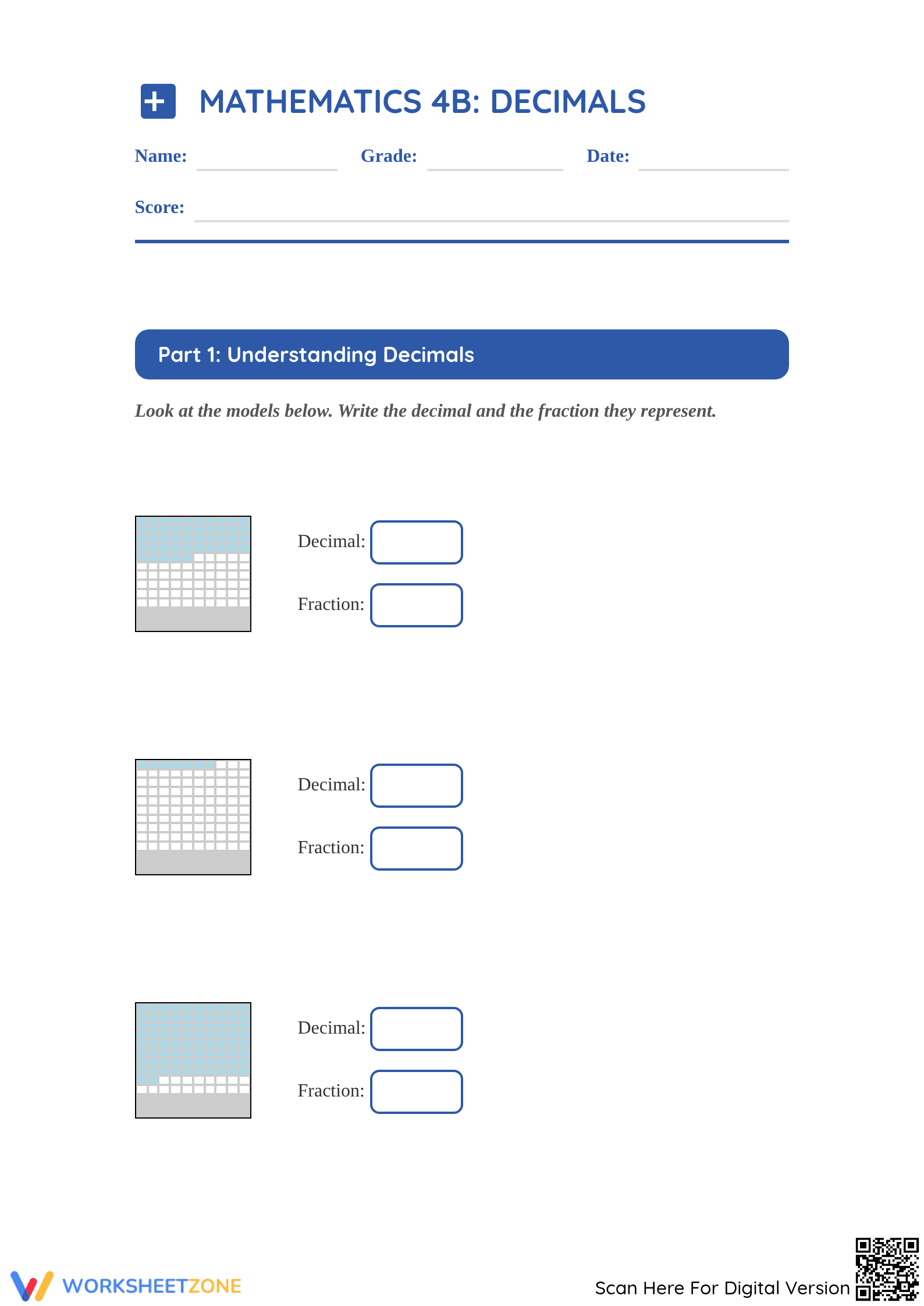 Grade 4 Decimal Practice Worksheet | Printable Math - Page 1