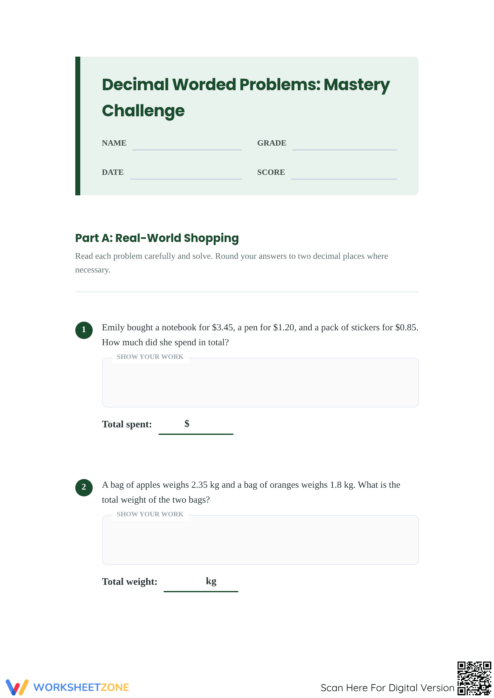 Ready Decimal Worded Problems Worksheet | Grade 5 Math - Page 1