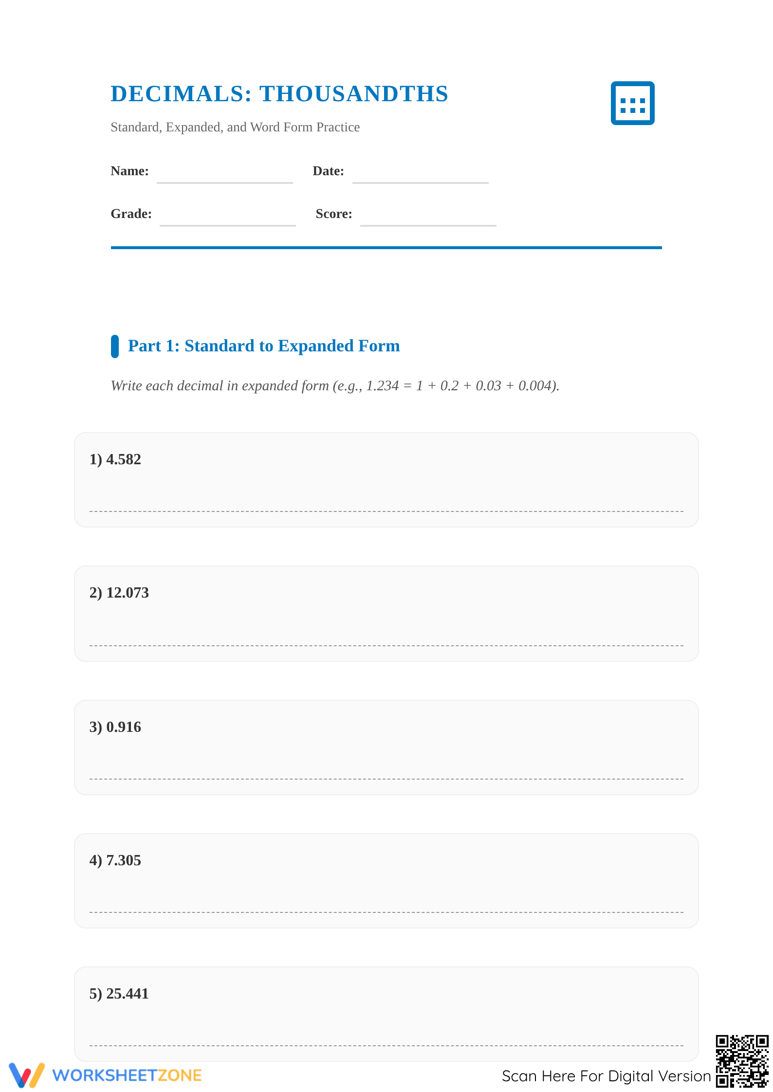 Essential Decimals to Thousandths Worksheet | Grade 4 - Page 1