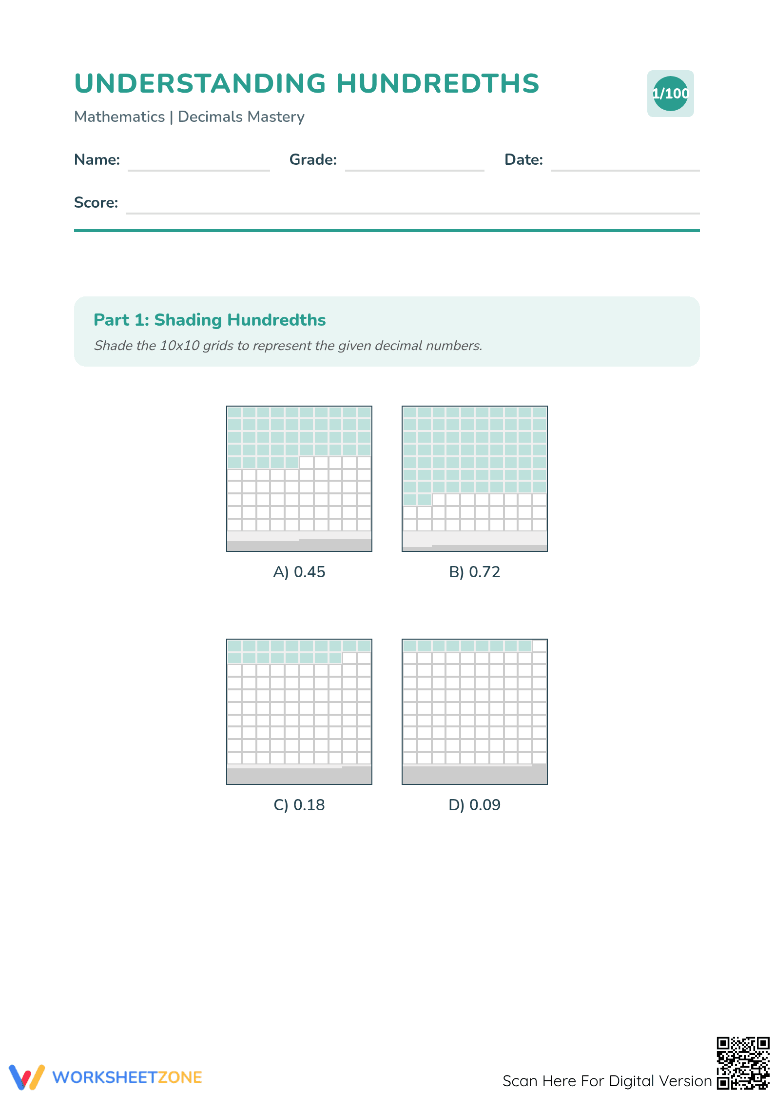 Hundredths 1 Worksheet: Essential Grade 4 Decimals Practice - Page 1