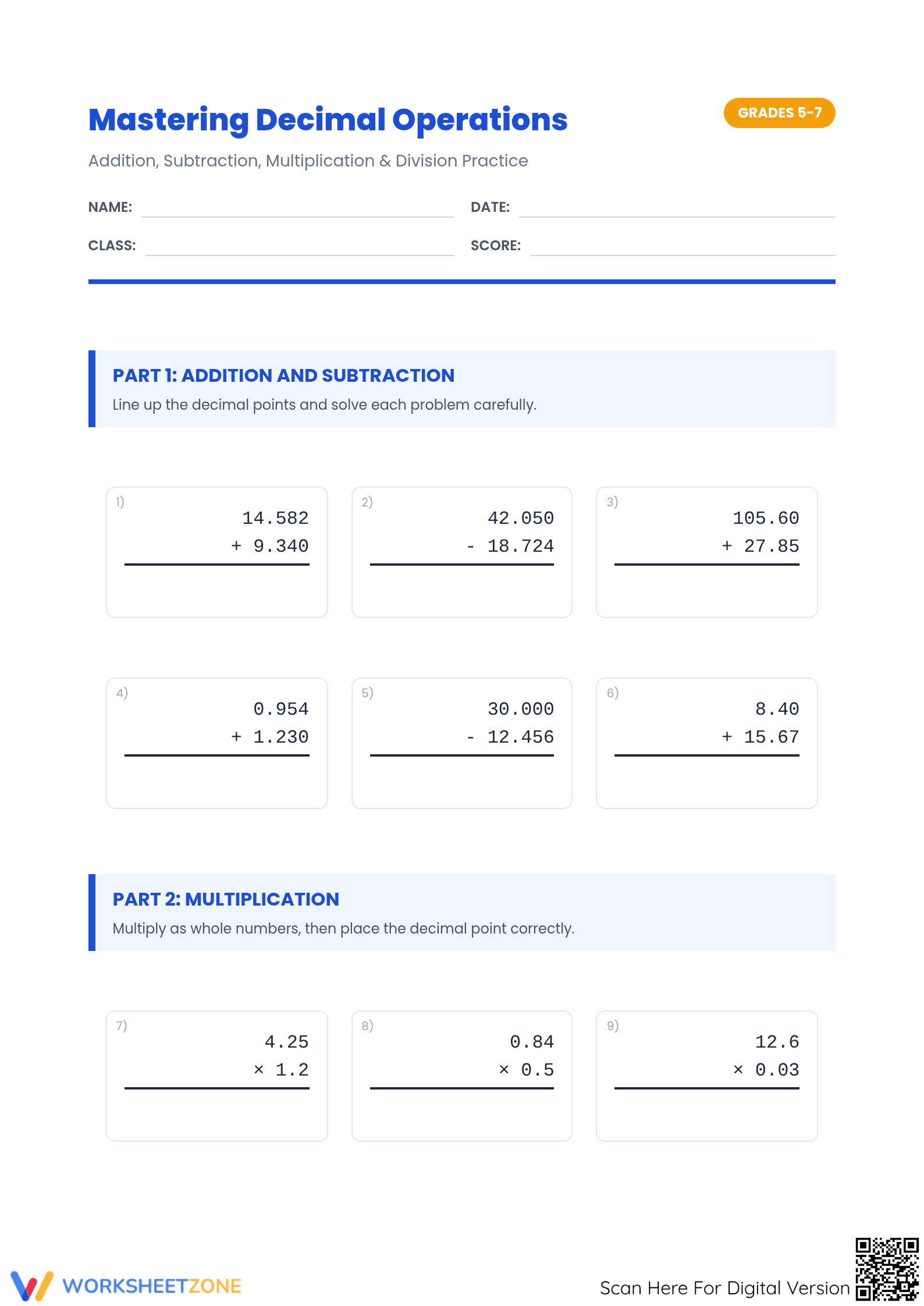Essential Subtracting Decimals Worksheet | Printable Grade 5 - Page 1