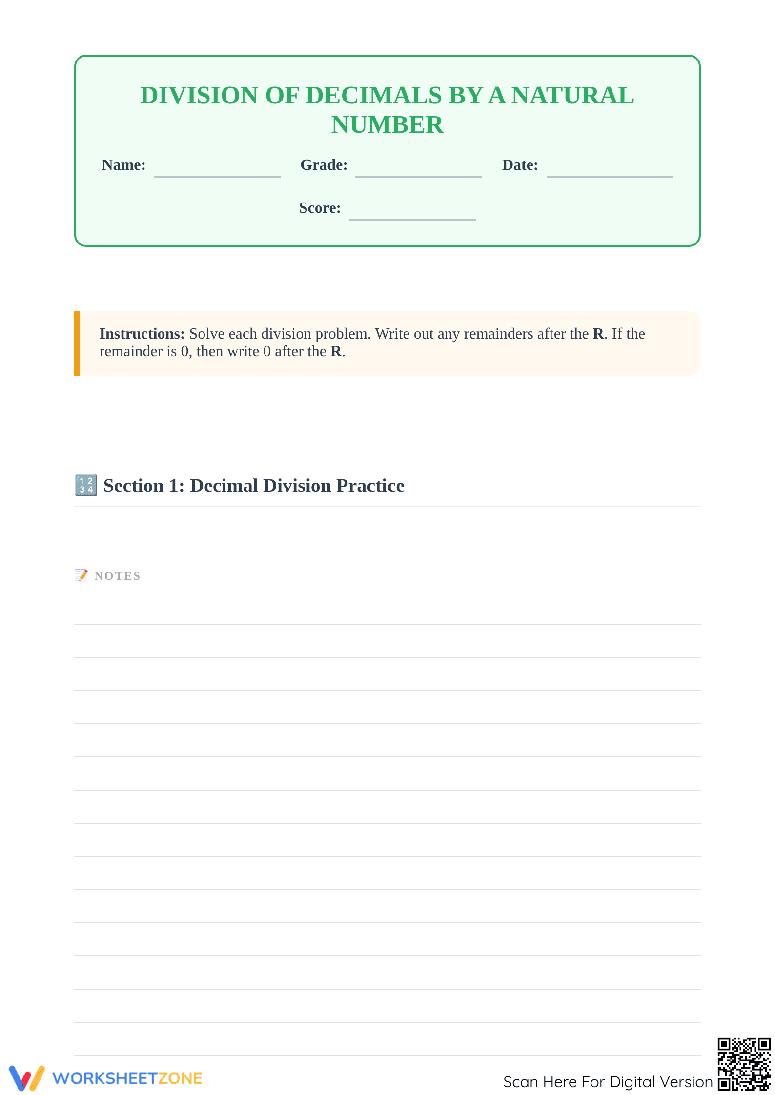 Division of Decimals Worksheet | Grade 6 Math Essential - Page 1
