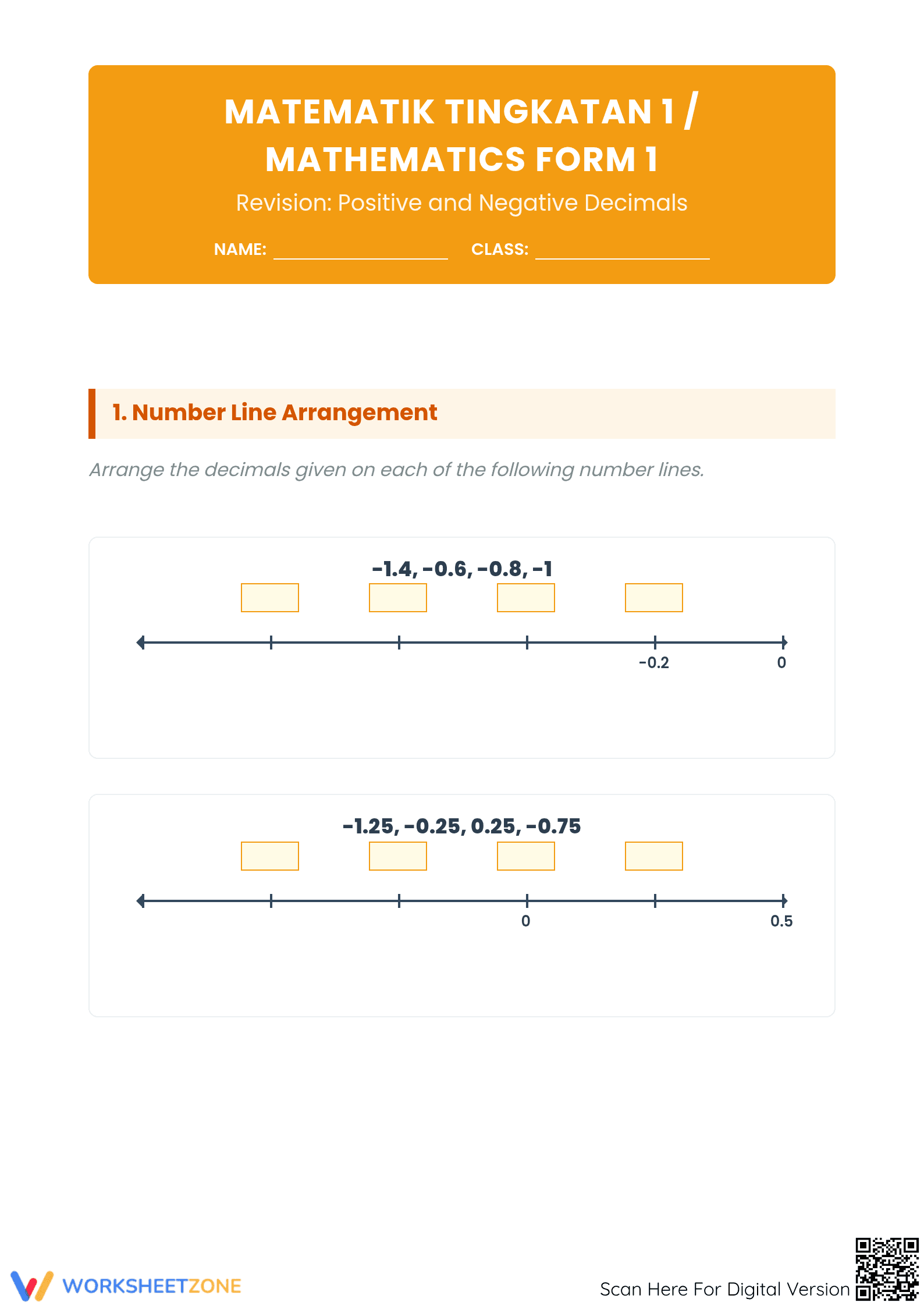 Essential Worksheet: Positive & Negative Decimals (Grade 8+) - Page 1
