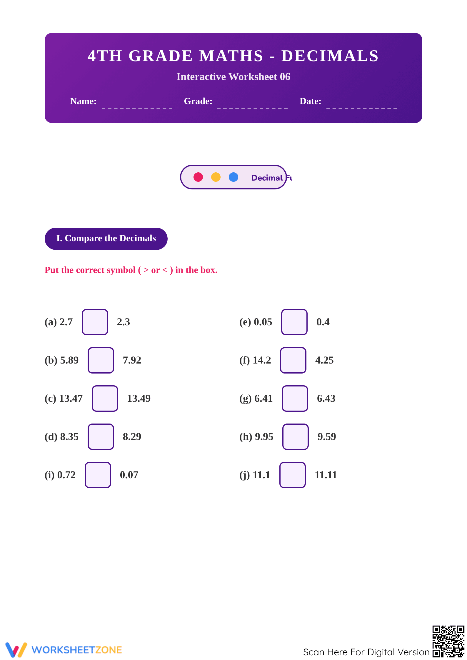 Grade 4 Decimals — Printable No-Prep Worksheet - Page 1
