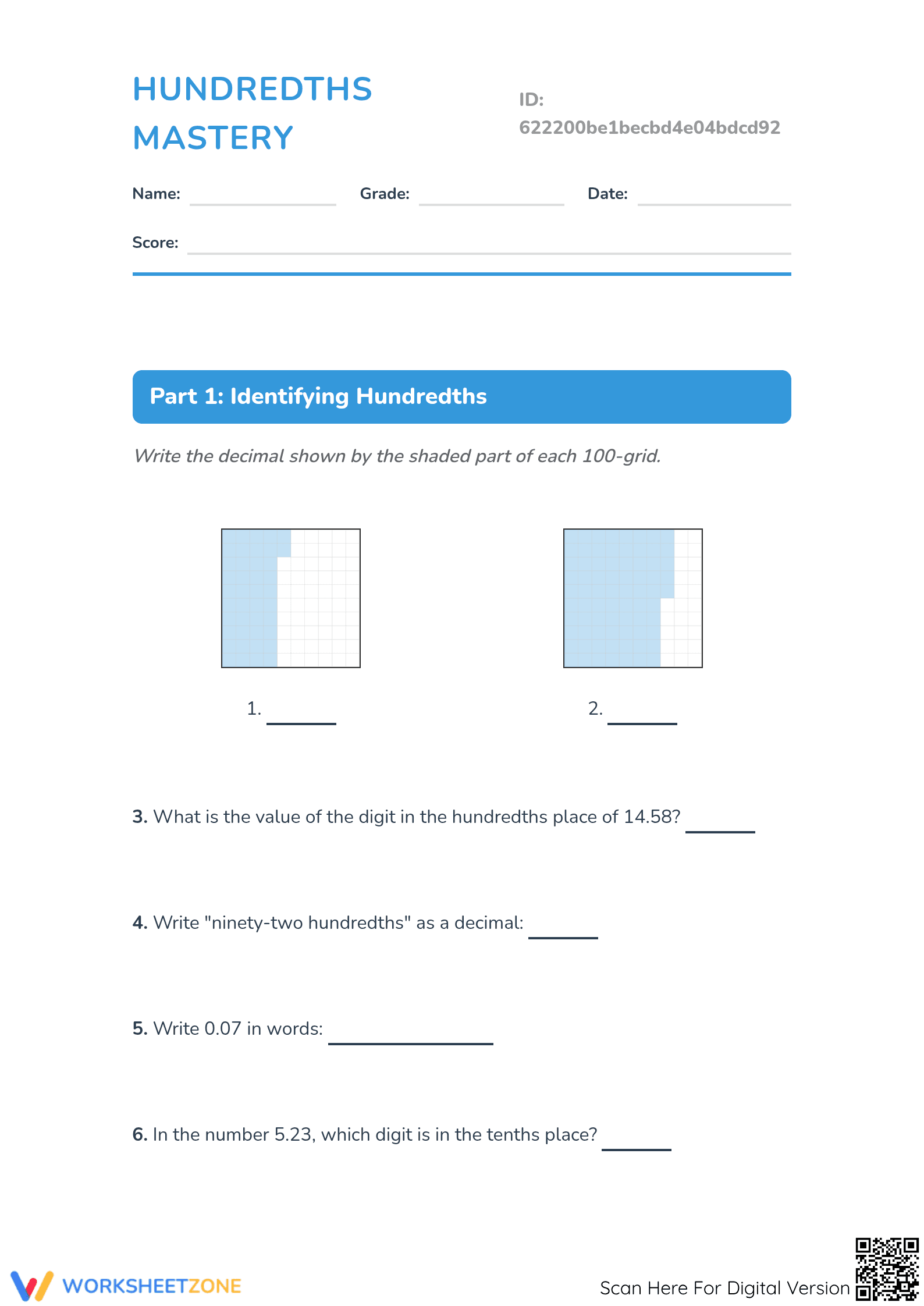 Printable Hundredths as Decimals Worksheet | Grade 4 - Page 1