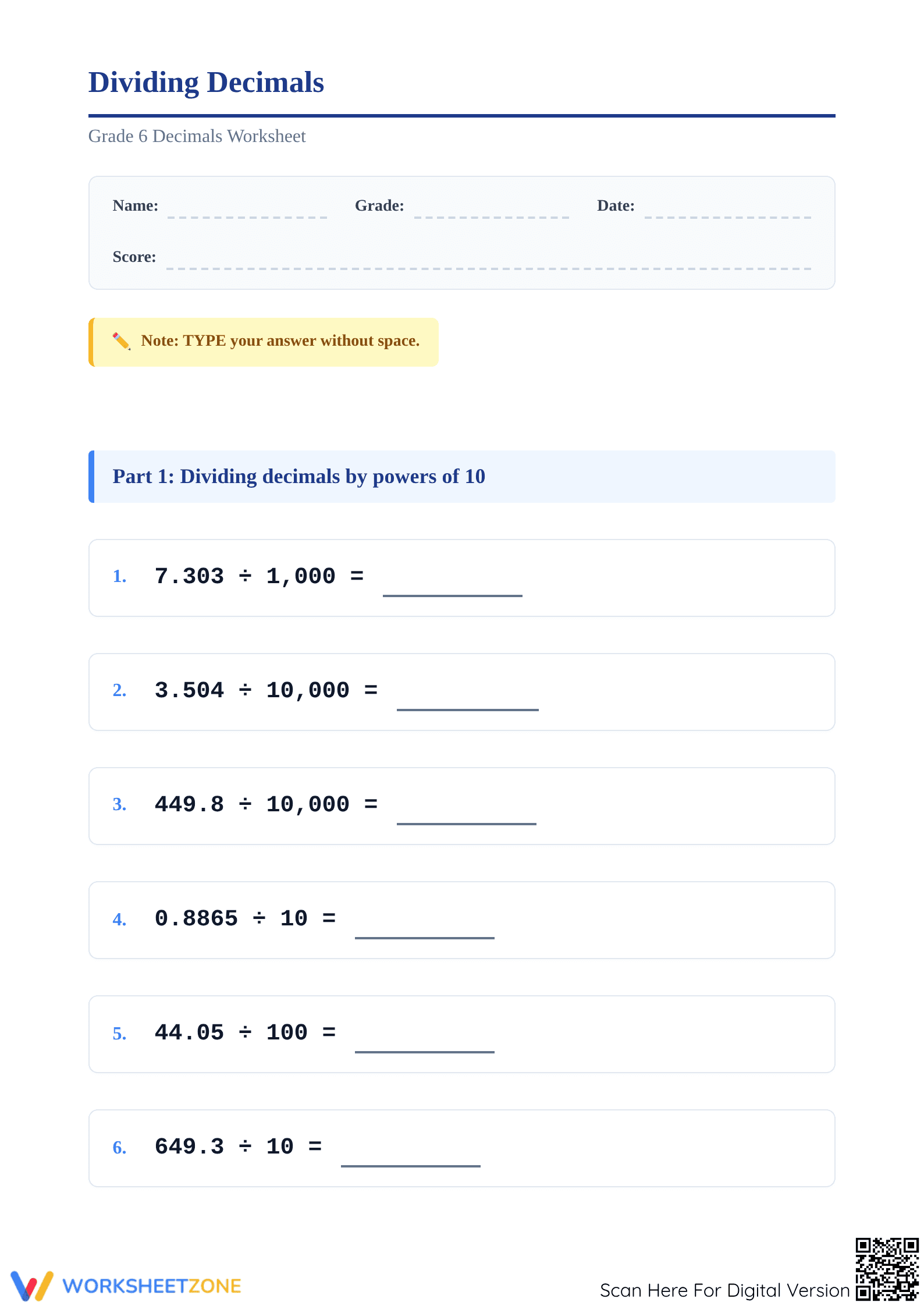 Printable Division of Decimals by Powers of 10 | Grade 5-7 - Page 1