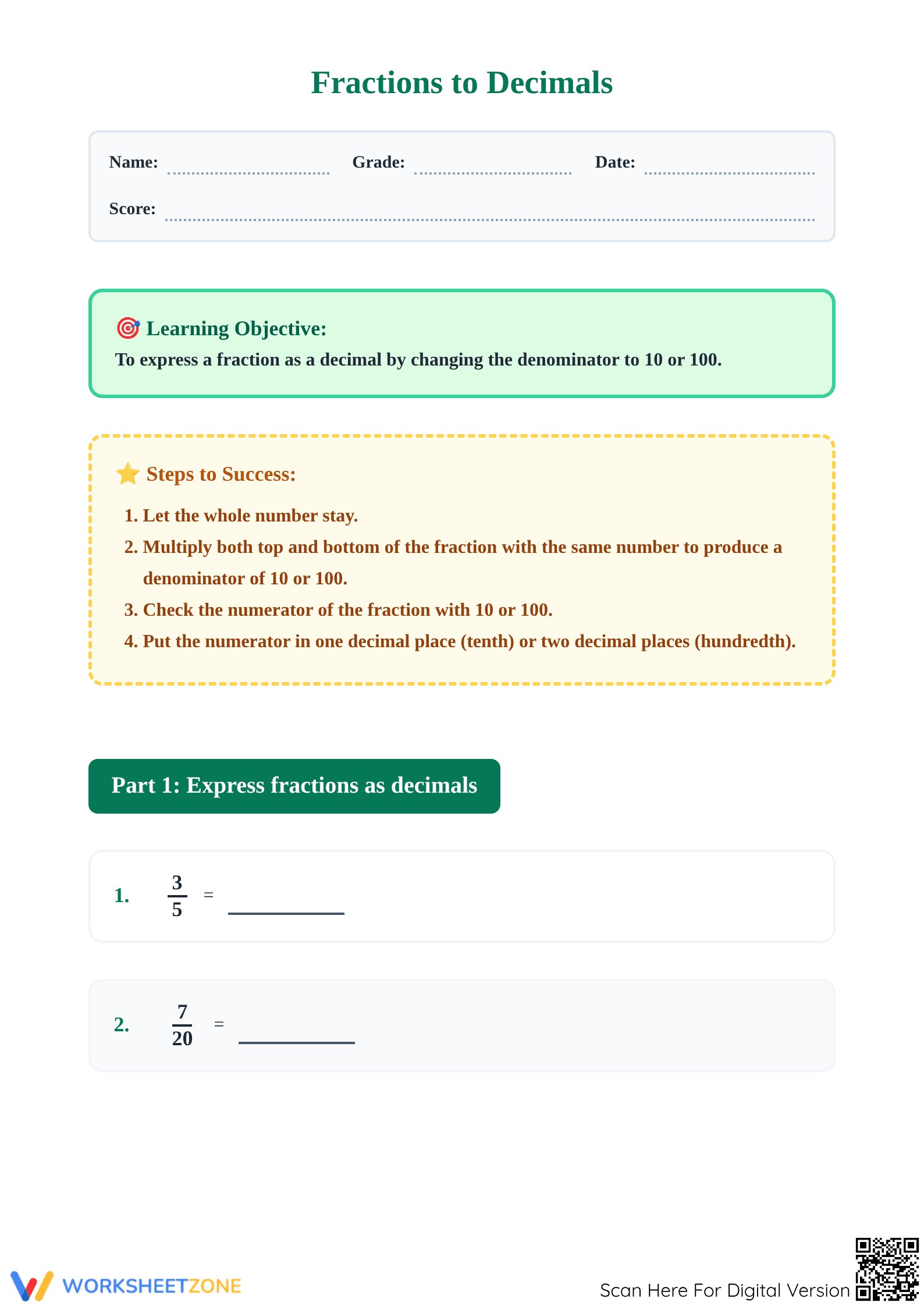 Printable: Fraction to Decimal Conversion Worksheet (Grades 4-7) - Page 1