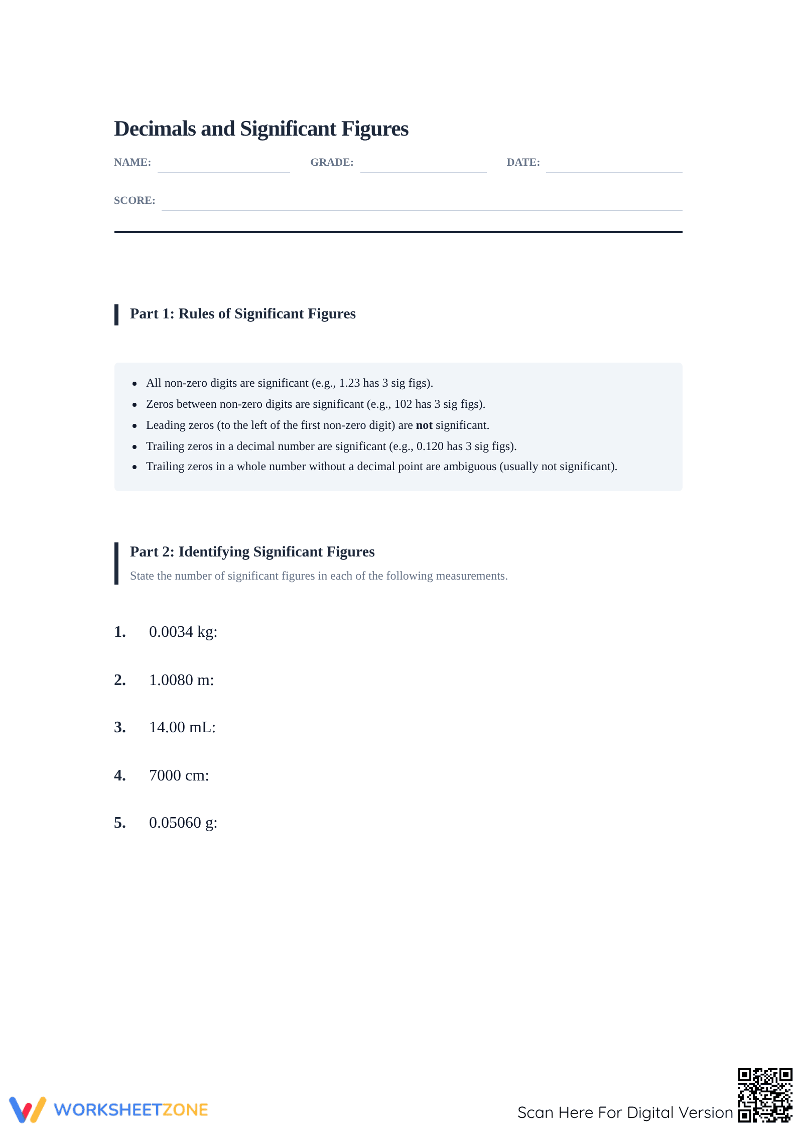 Printable Significant Figures Worksheet | Grades 9-12 Math - Page 1