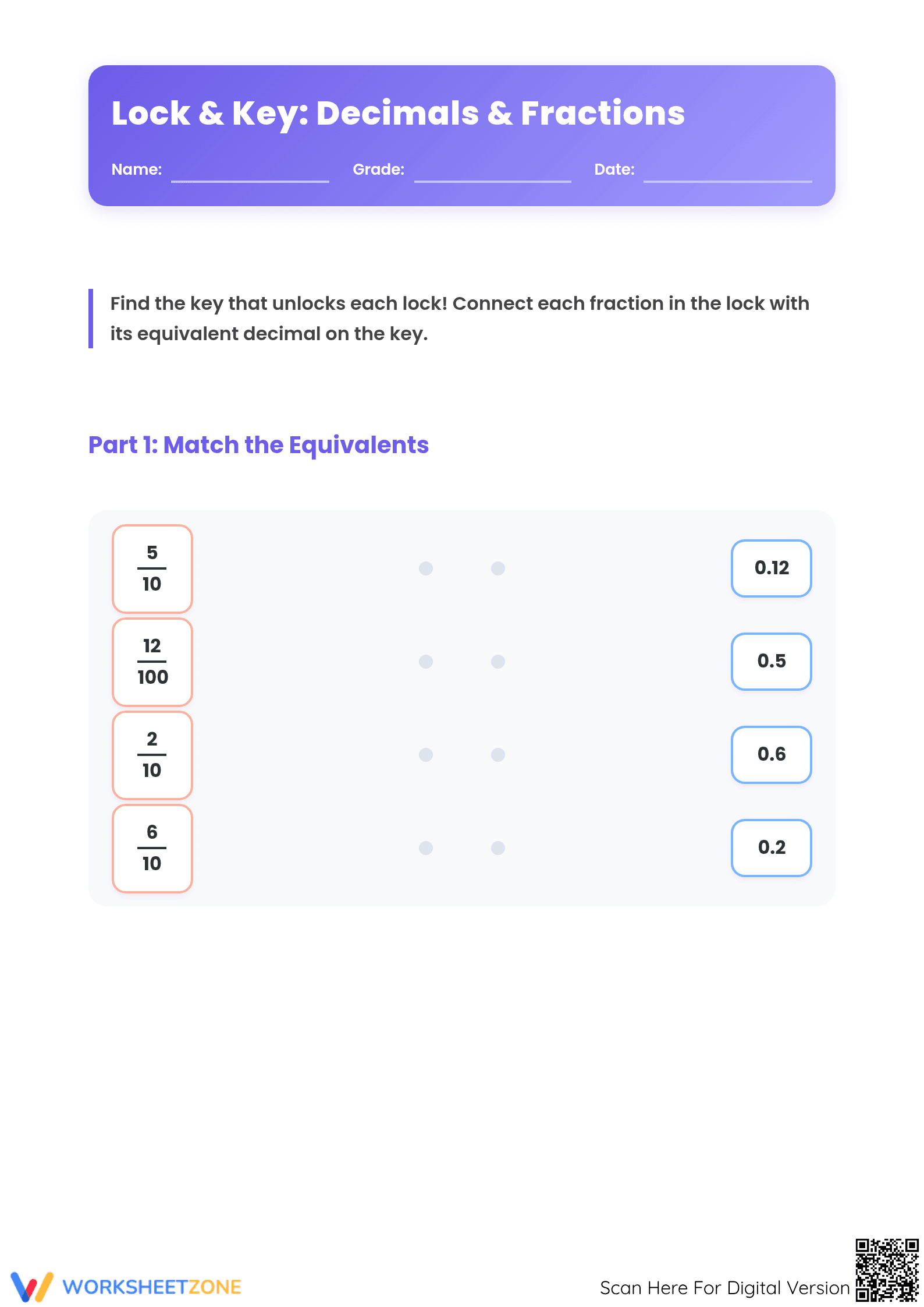 Printable Decimals and Fractions Worksheet | Grade 4 Math - Page 1