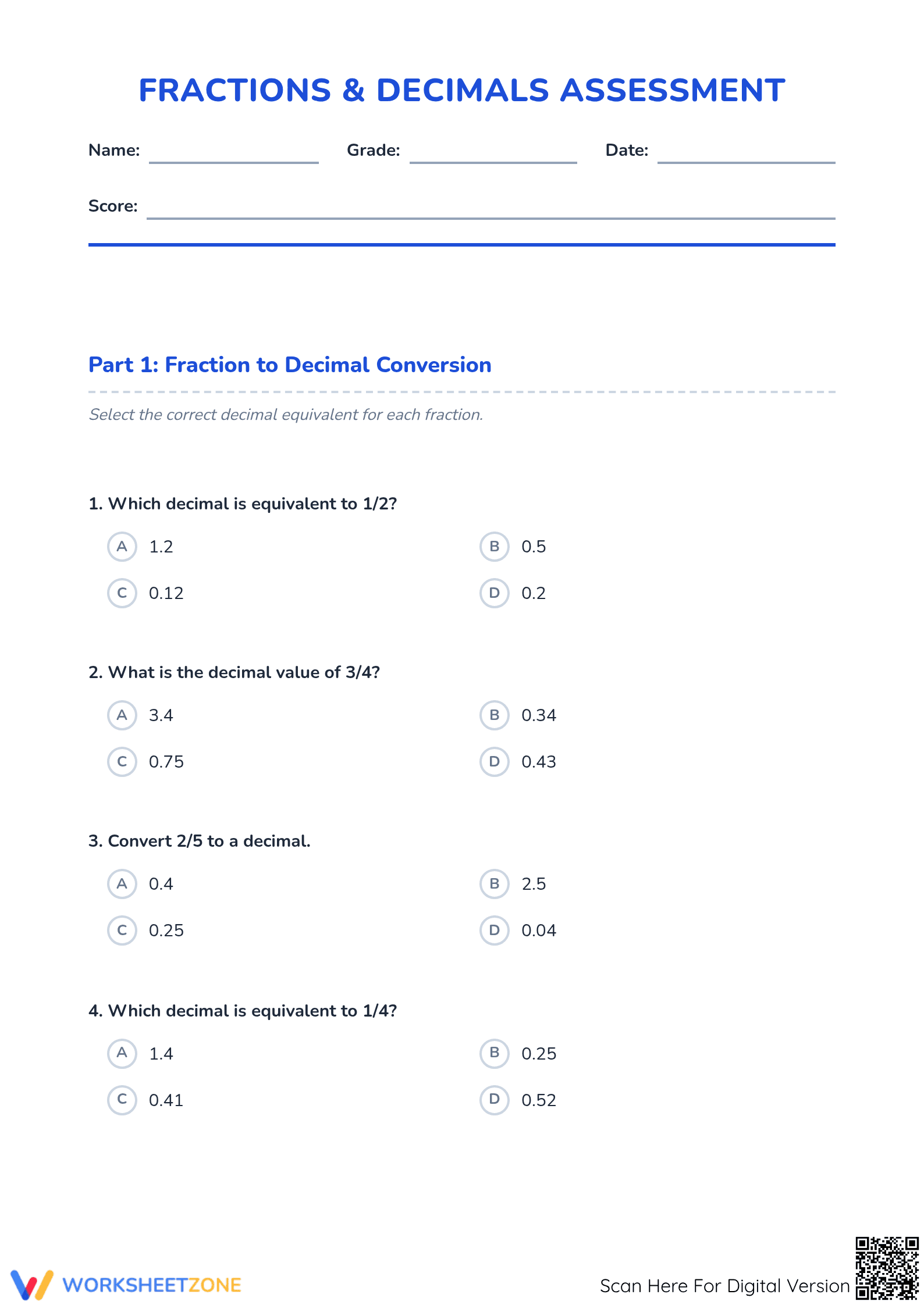 5.NBT.A.3 Worksheet: Fractions & Decimals — Grade 5 Aligned - Page 1