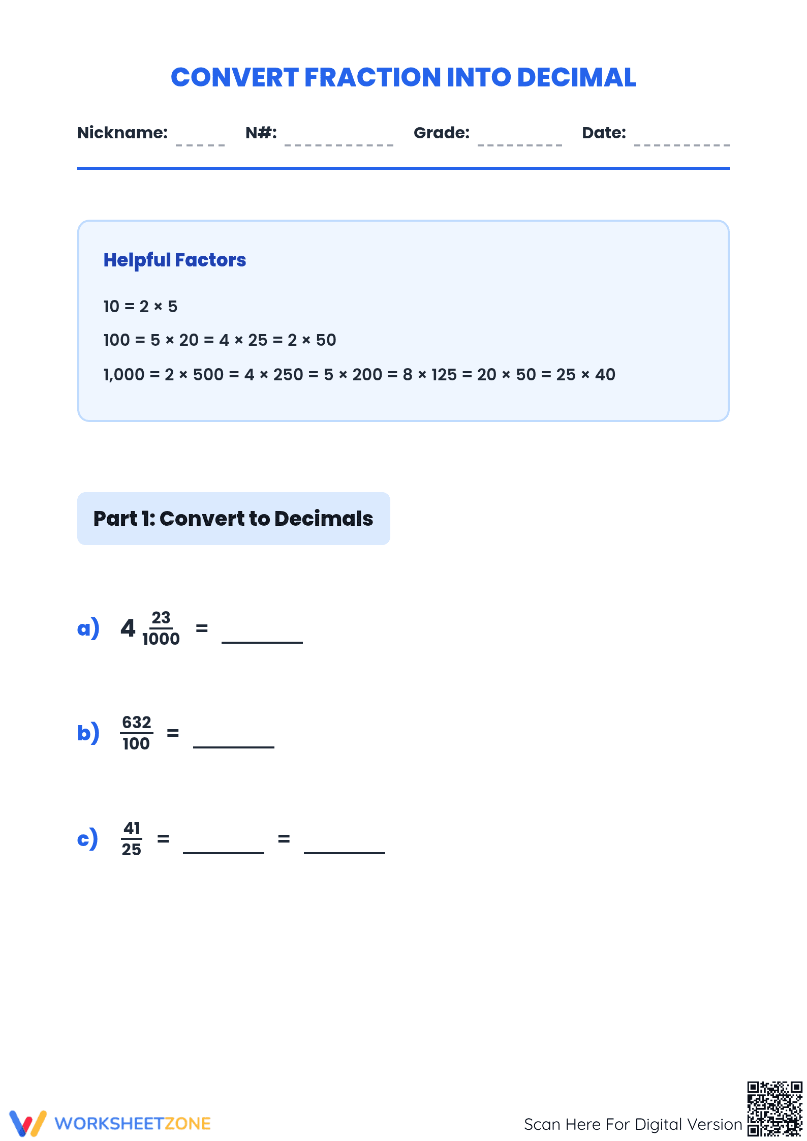 Printable Fraction to Decimal Worksheet | Grade 5 Math - Page 1