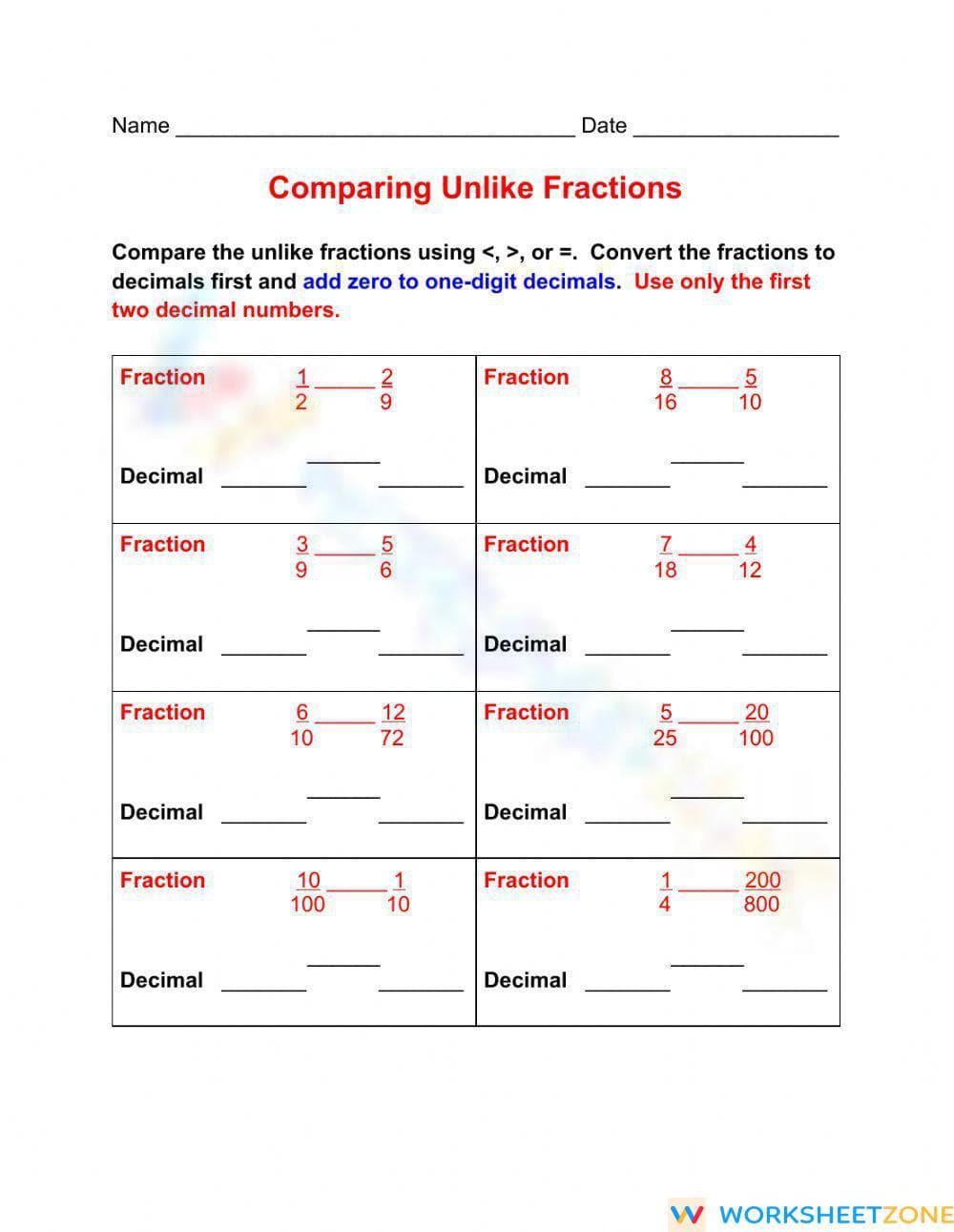 Converting Fractions to Decimals Worksheet - Page 1