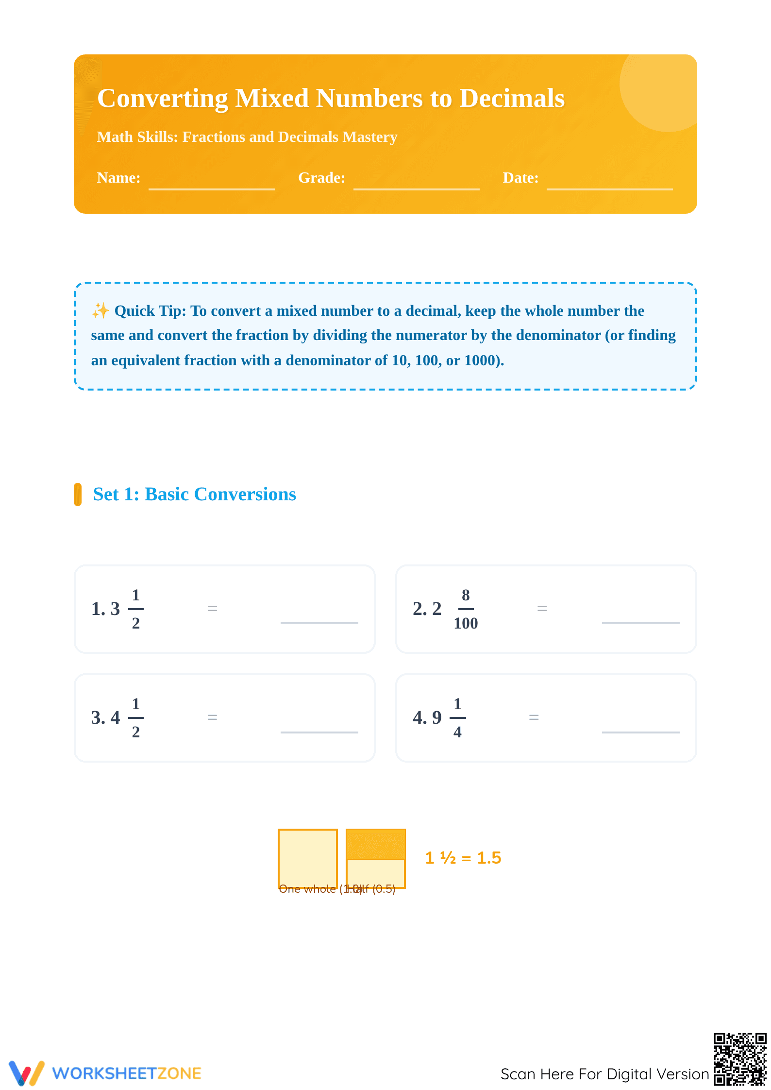 Printable Mixed Numbers to Decimals Math Worksheet Grade 6-7 - Page 1
