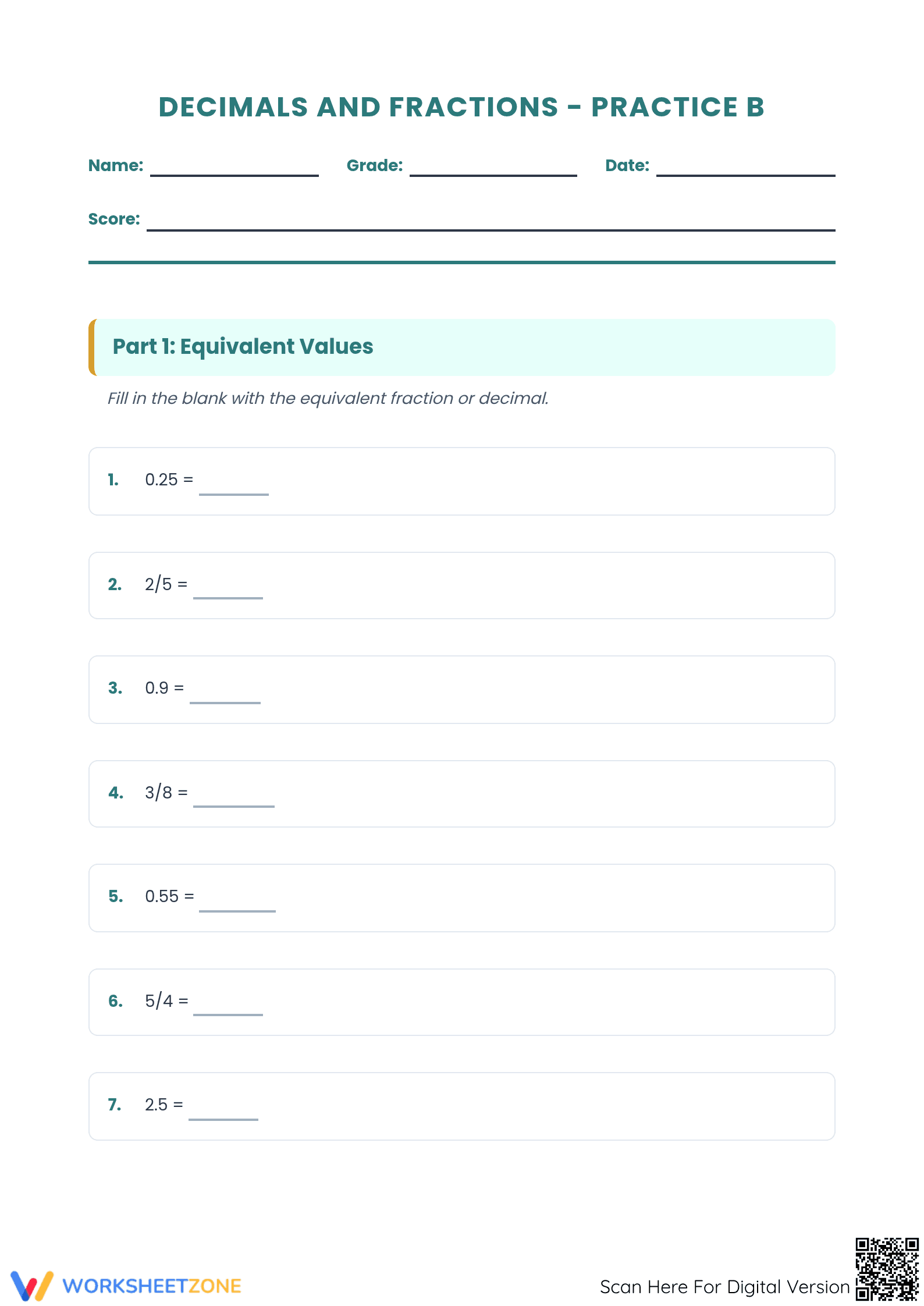 Essential Decimal and Fraction Models Worksheet | Grade 4 - Page 1
