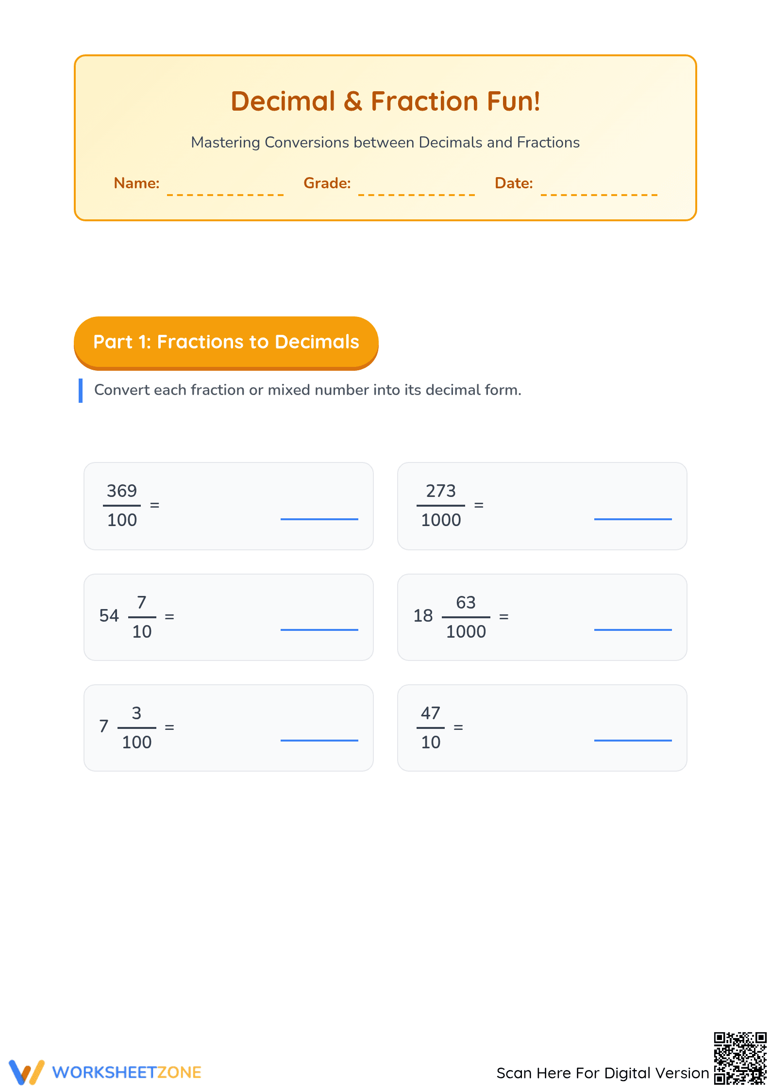 Essential Grade 5 Math: Convert Decimals to Fractions Worksheet - Page 1