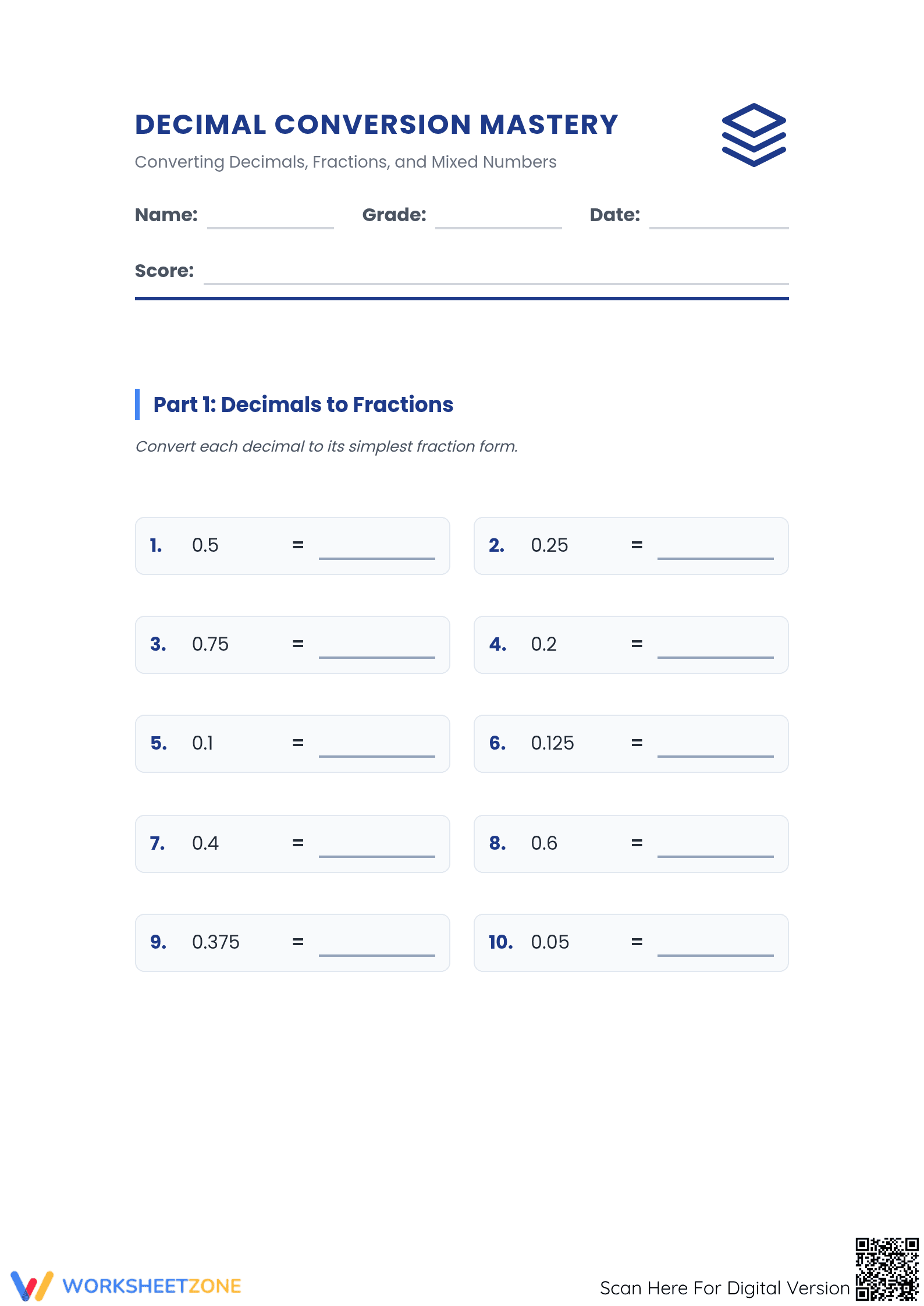 Essential Decimal Conversion Worksheet | Grade 5-6 Math - Page 1