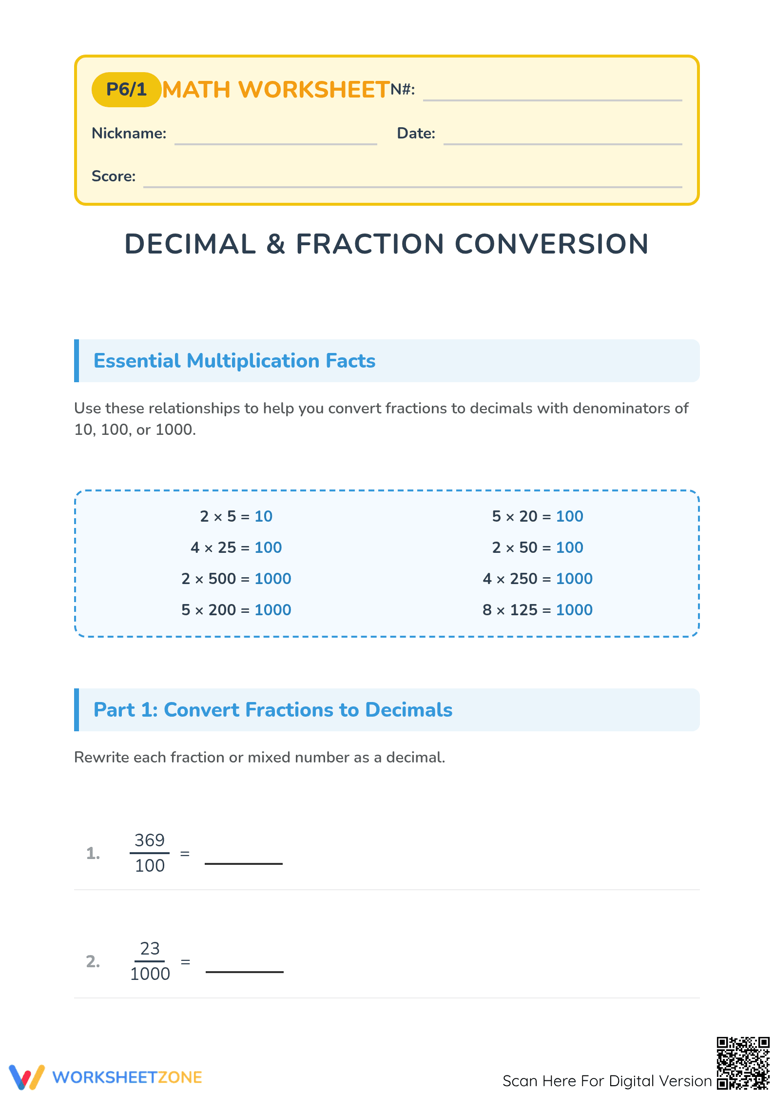 Essential Convert Decimal to Fraction Worksheet | Grade 5 - Page 1
