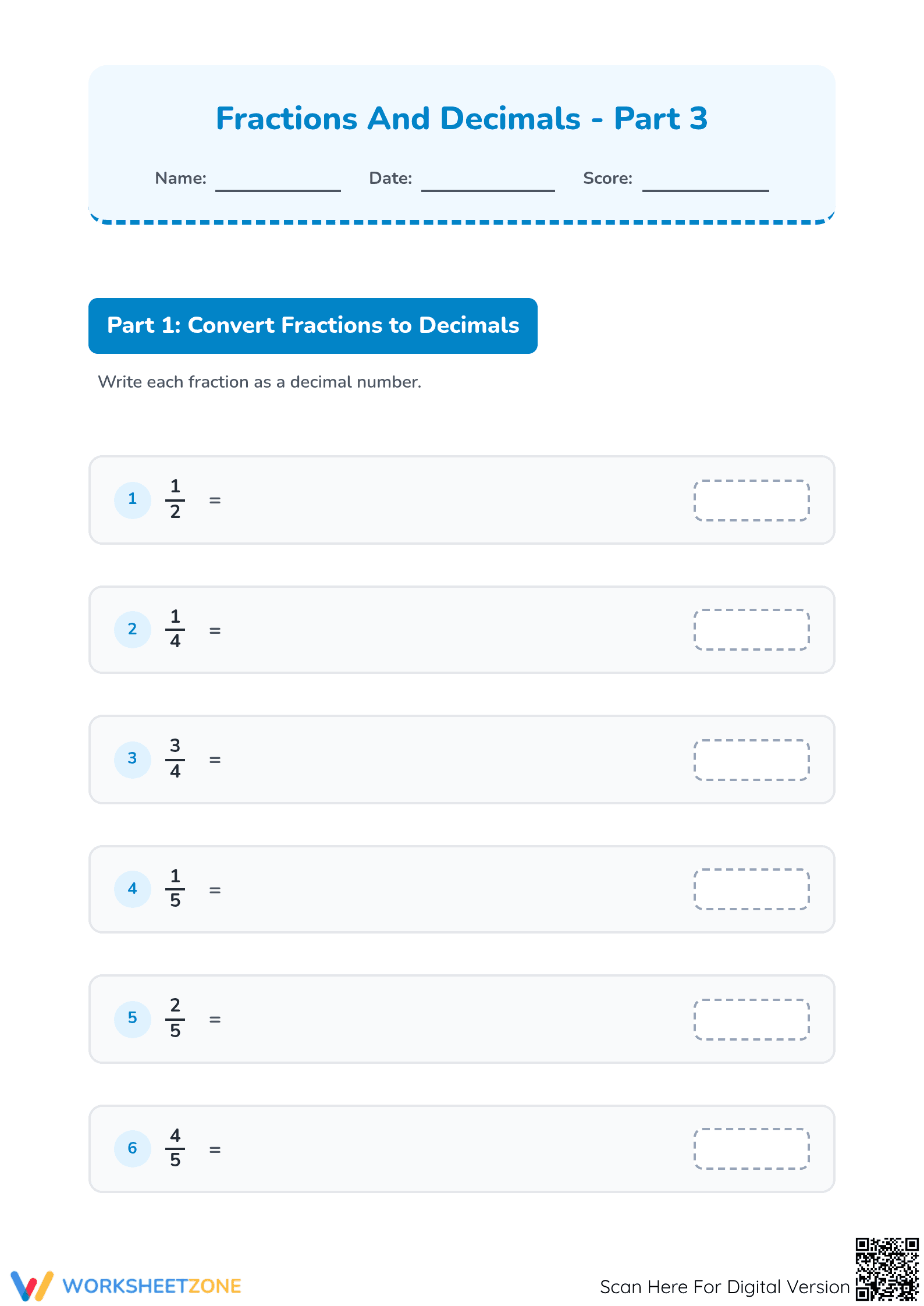 Grade 4 Printable Worksheet: Comparing Fractions and Decimals - Page 1