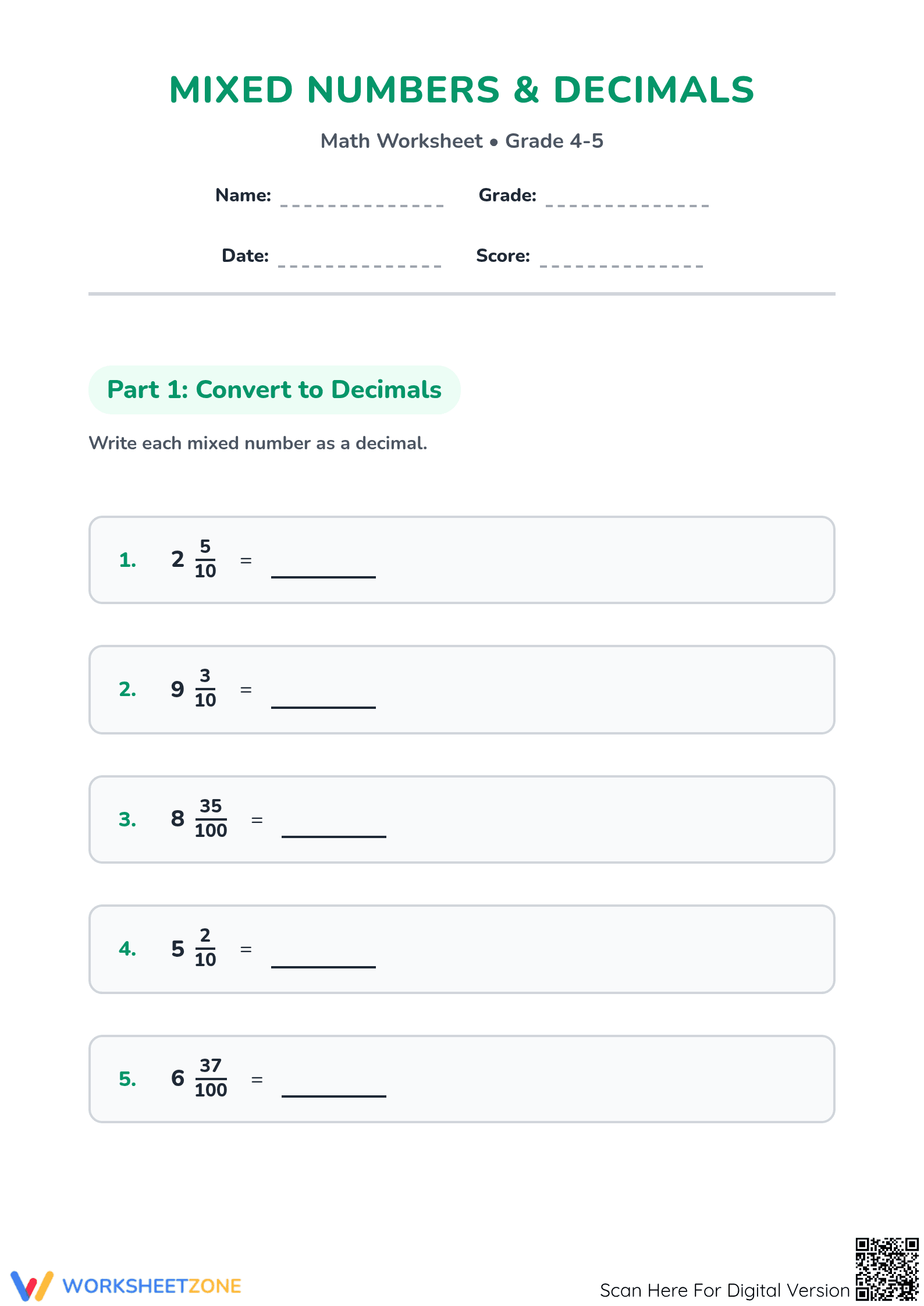 Mixed Numbers to Decimals | Grade 4 Printable Worksheet - Page 1