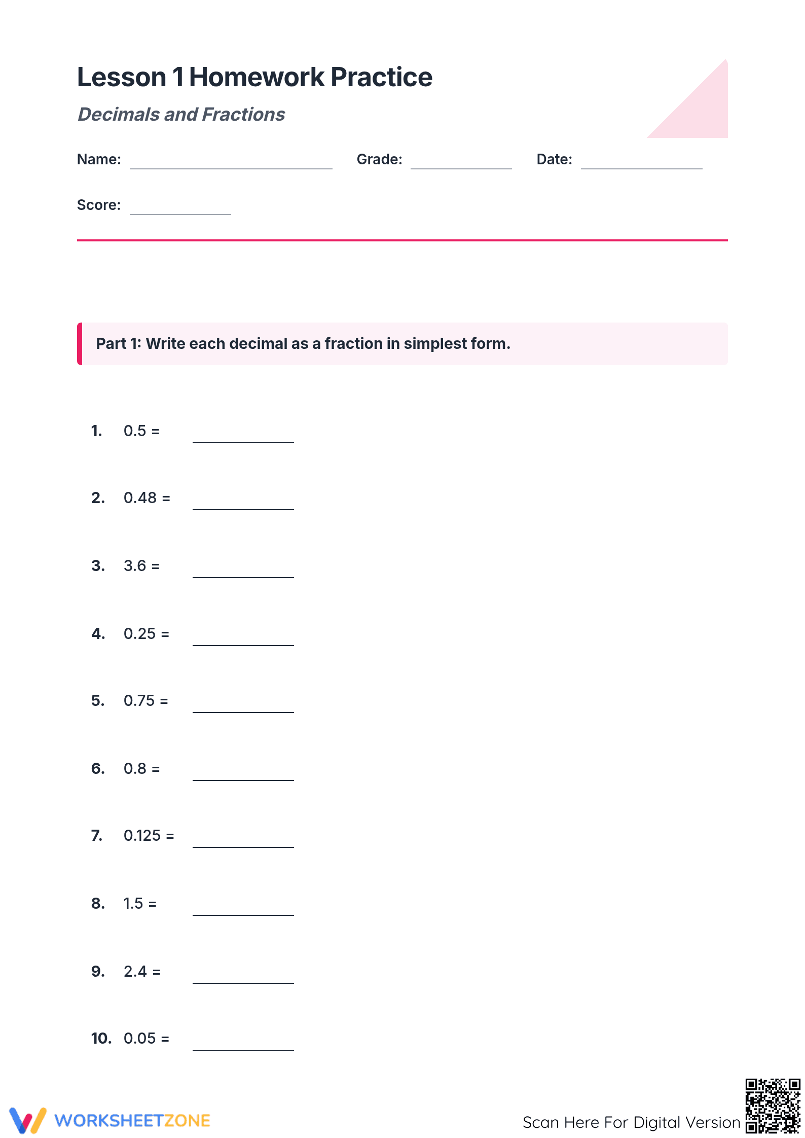 Decimals to Fractions Worksheet (3 Levels) | Grade 7 Ready - Page 1