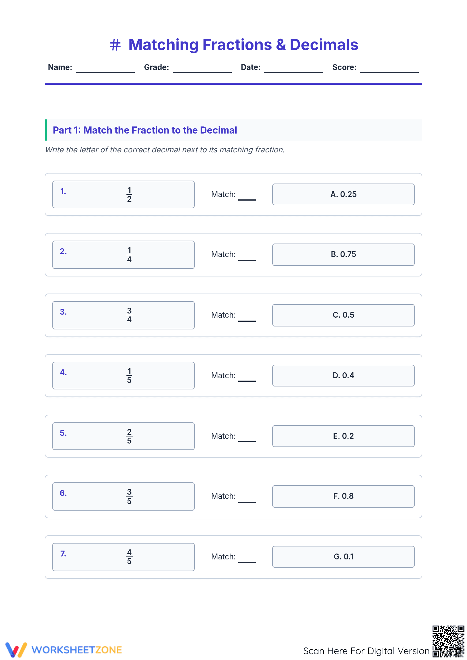 Matching Fractions and Decimals | Essential Grade 4 Math - Page 1