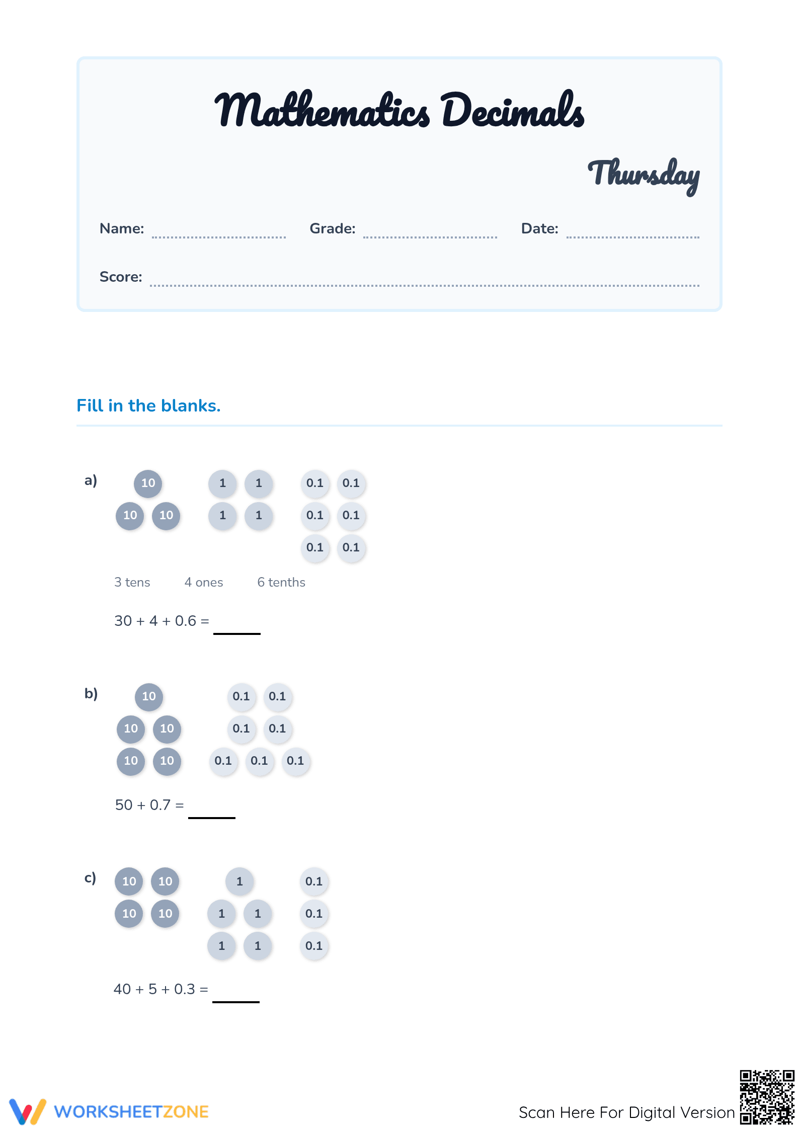 Essential Grade 4 Decimals and Fractions Aligned Worksheet - Page 1