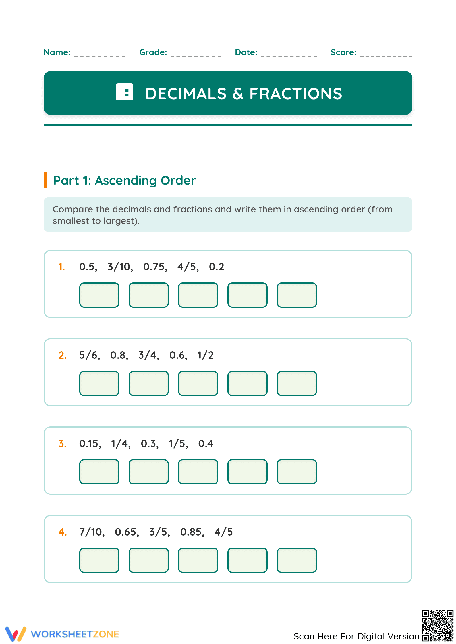 Essential Decimals and Fractions Worksheet | Grade 5 Math - Page 1