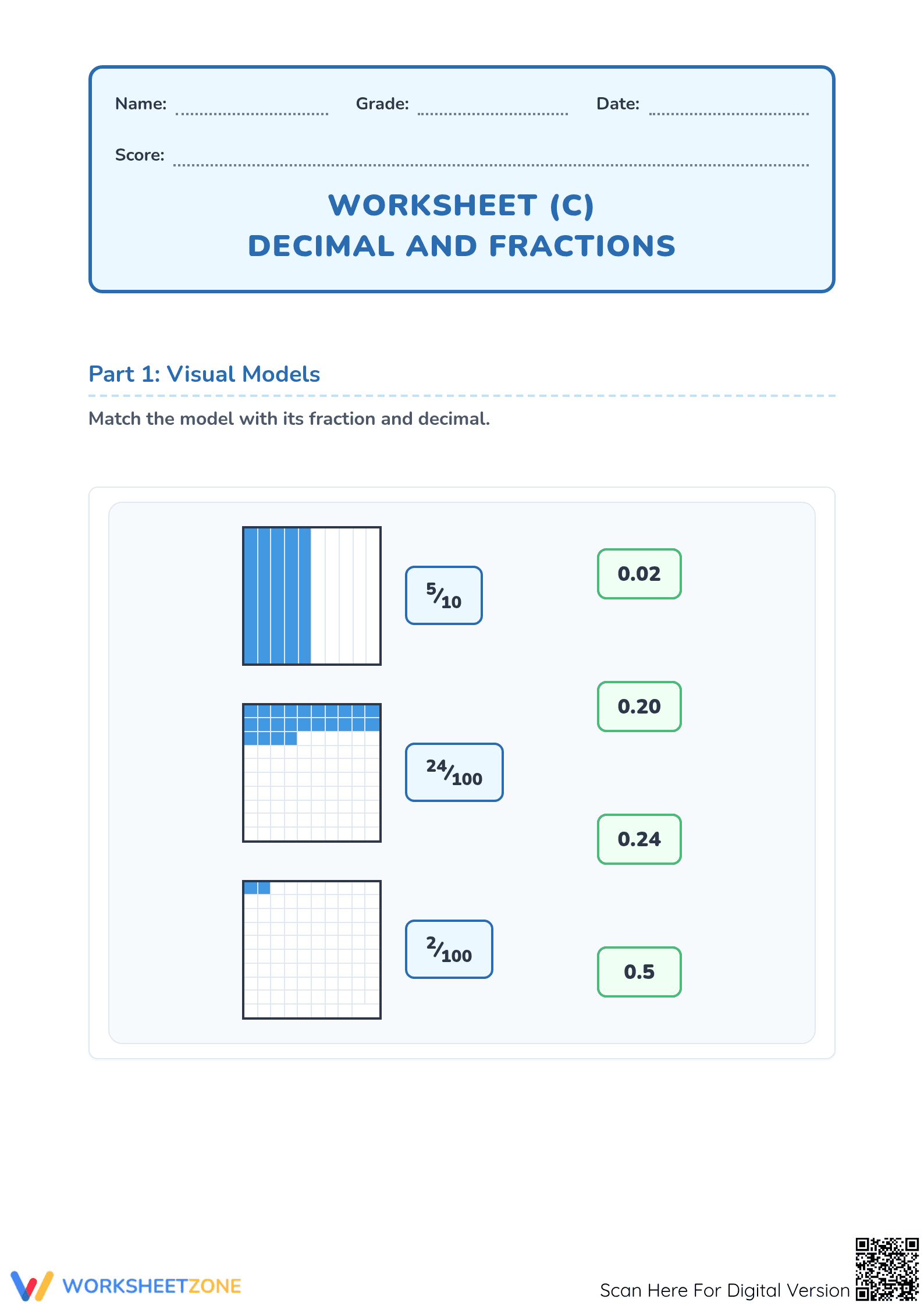 Essential Decimal Models Worksheet | Grade 4 Math - Page 1