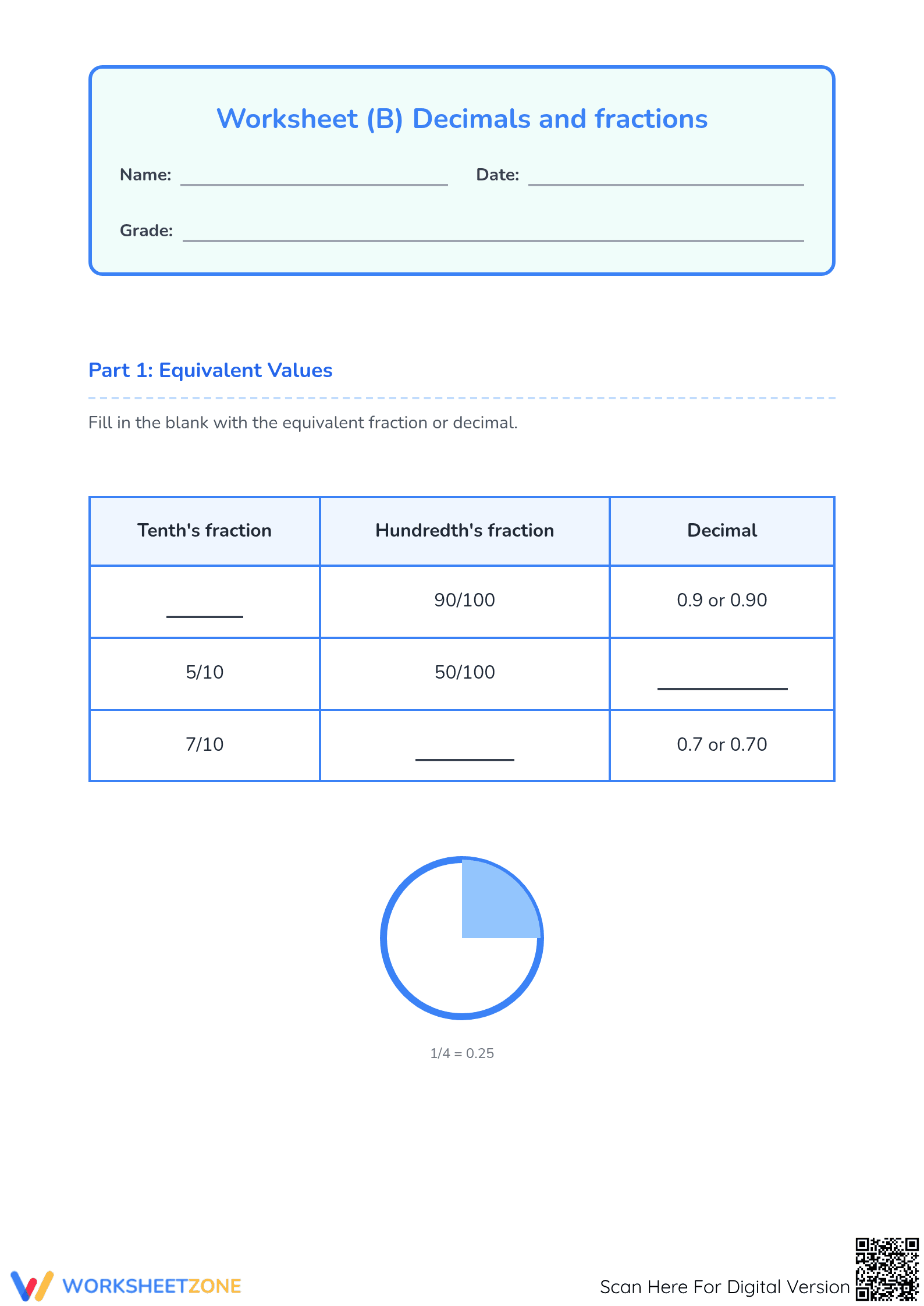 Essential Decimals and Fractions Worksheet | Grade 4 Math - Page 1
