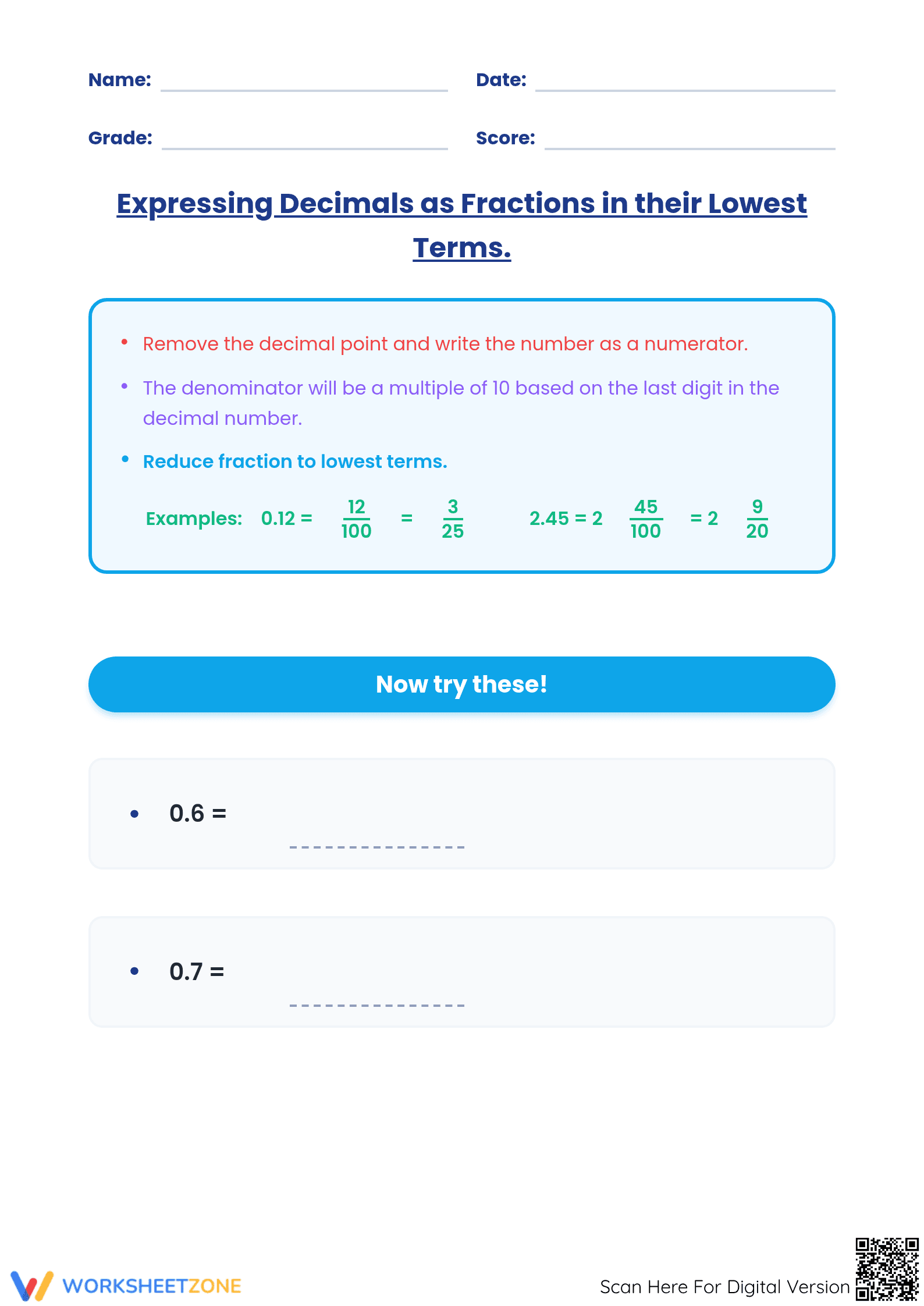 Essential Decimal to Fraction Practice | Grade 5-7 Math - Page 1